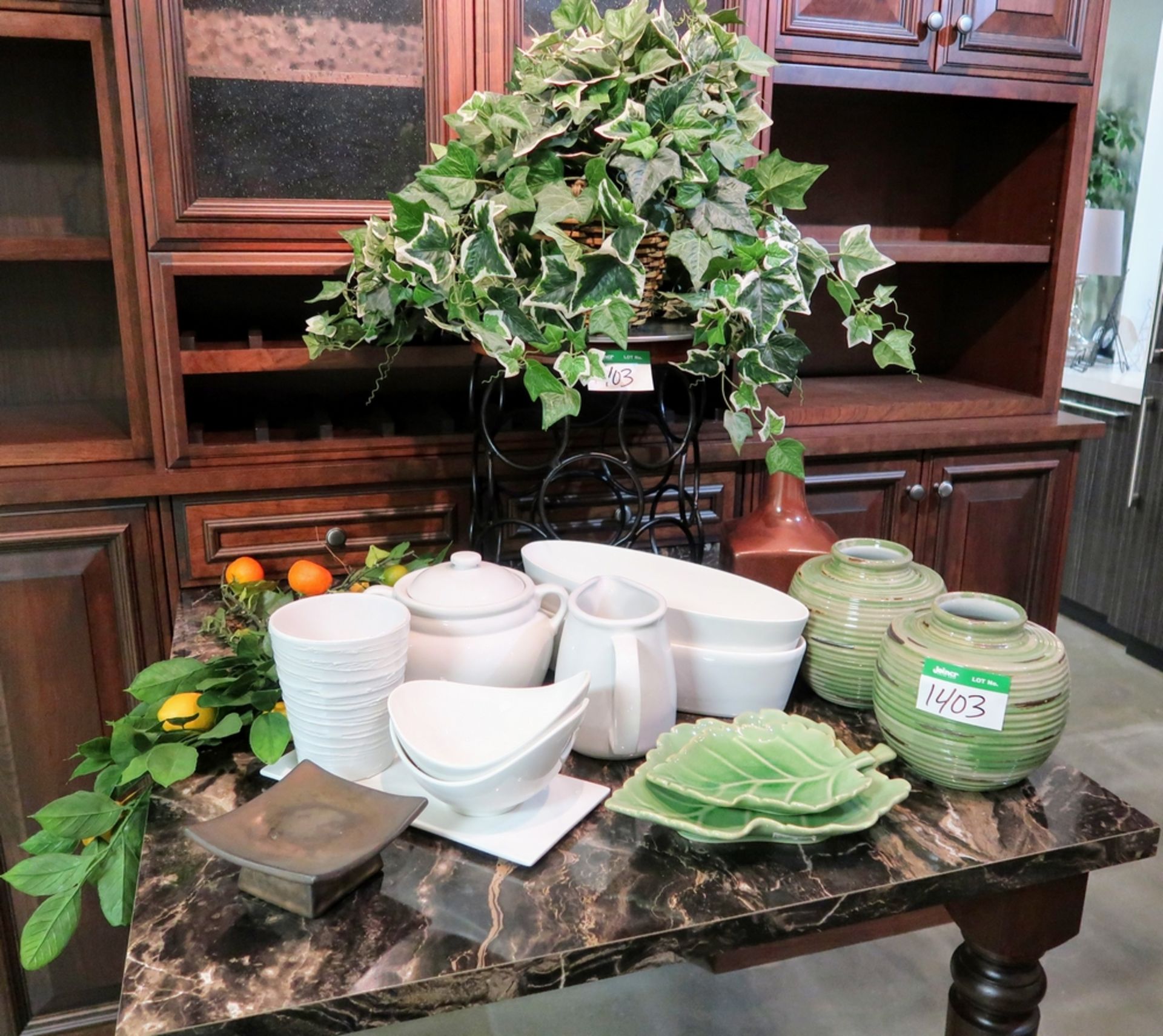 LOT OF KITCHEN DISHWARE, PLANT STAND ETC.