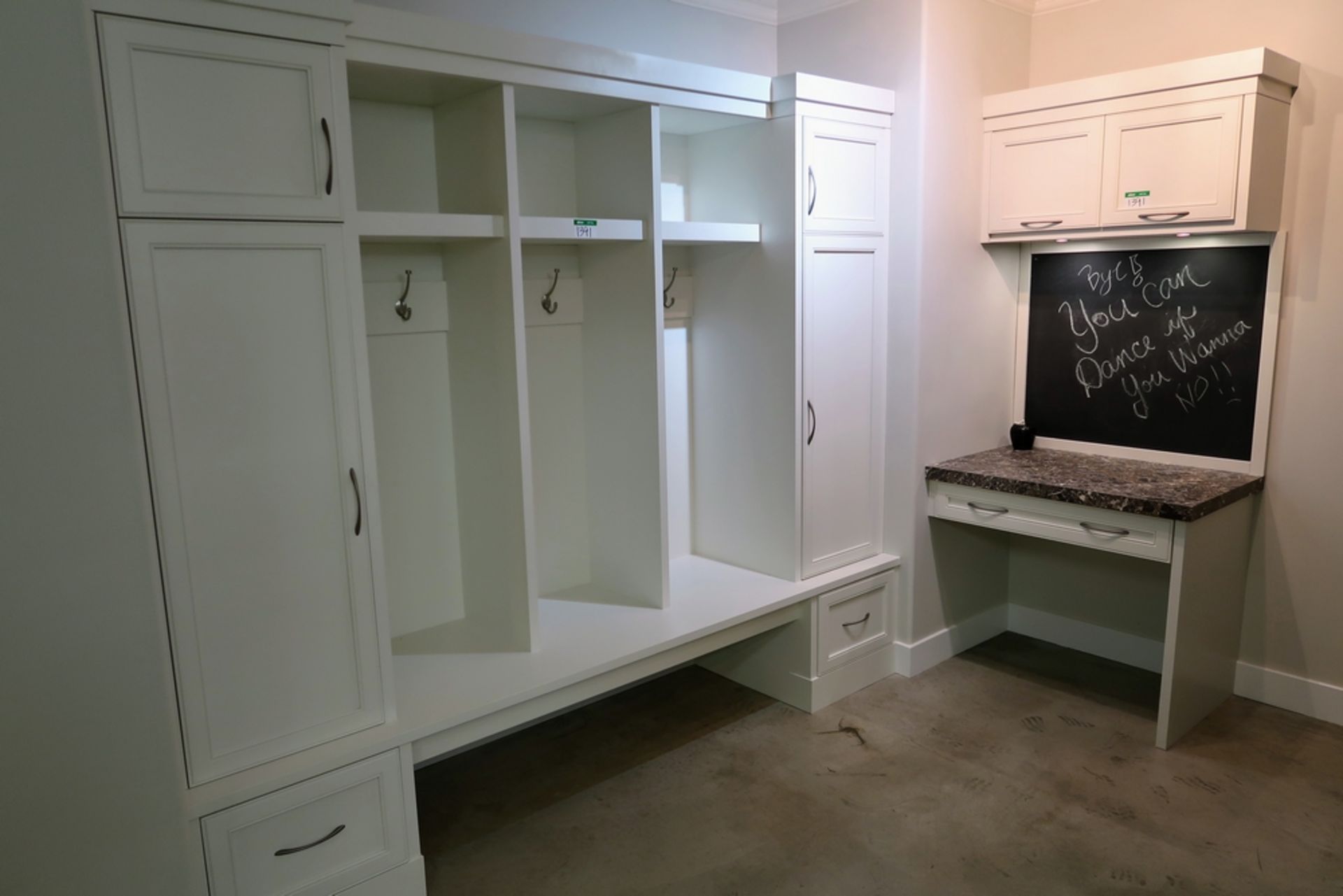 WHITE COAT HANGING CABINET W/SMALL COUNTER W/UPPER CABINETS