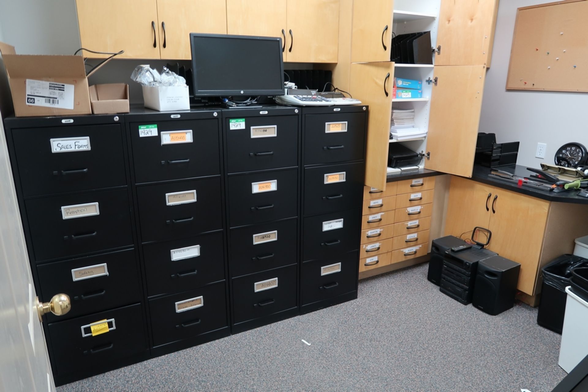 CONTENTS OF OFFICE - 4 FILING CABINETS, PAPER SHREDDER & OFFICE SUPPLIES