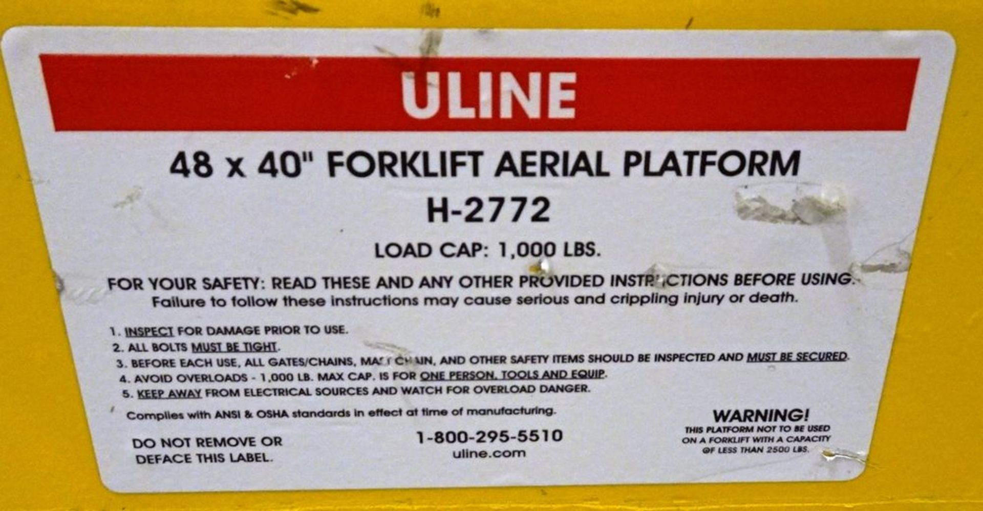 ULINE MODEL H-2772 FORKLIFT AERIAL PLATFORM, 40" X 48", 1,000 LBS CAPACITY - Image 3 of 3