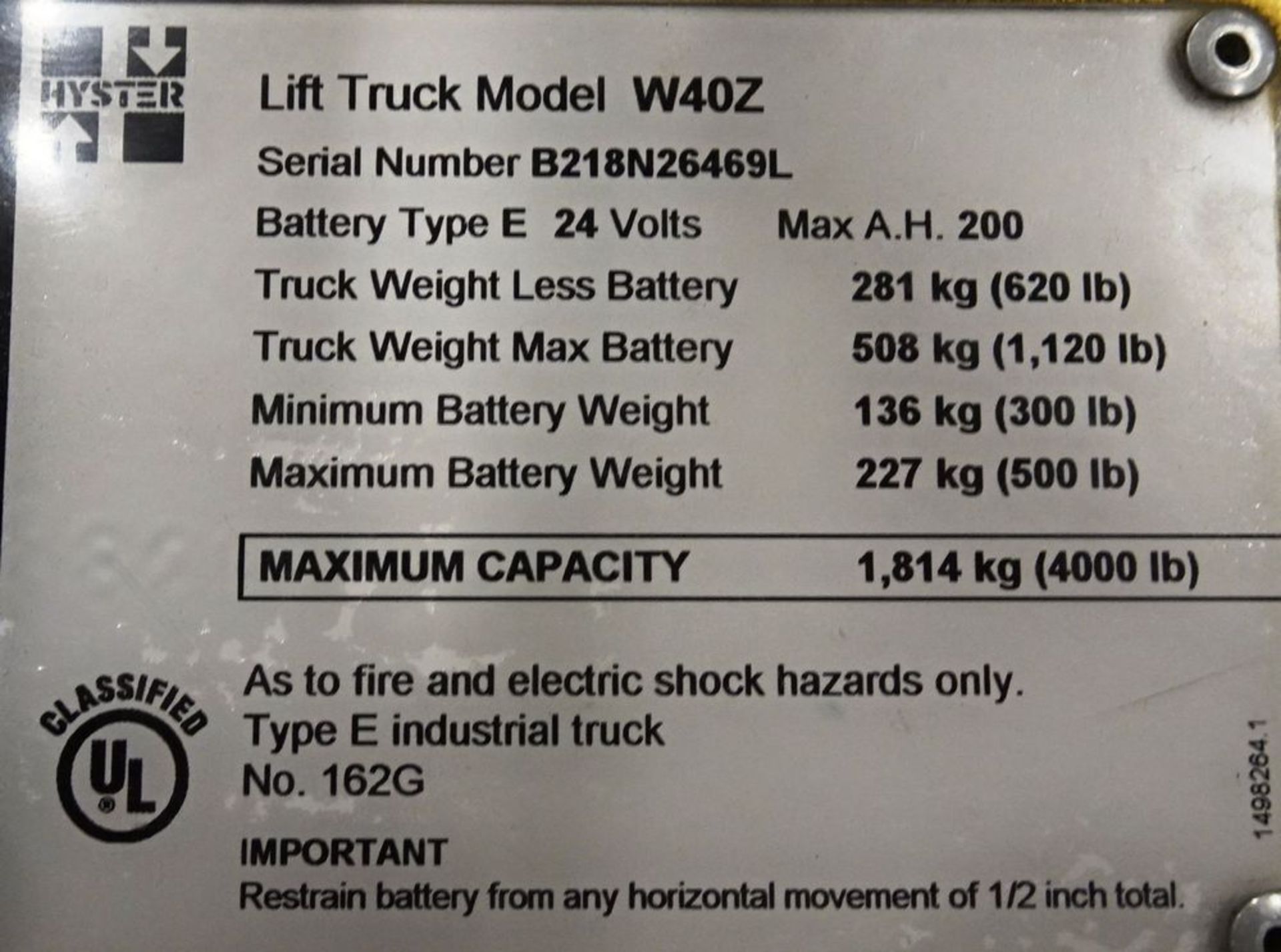 HYSTER W40Z ELECTRIC POWERED PALLET JACK, S/N B218N26469L, 4,000 LBS CAPACITY. (NOTE: NEEDS - Image 3 of 4