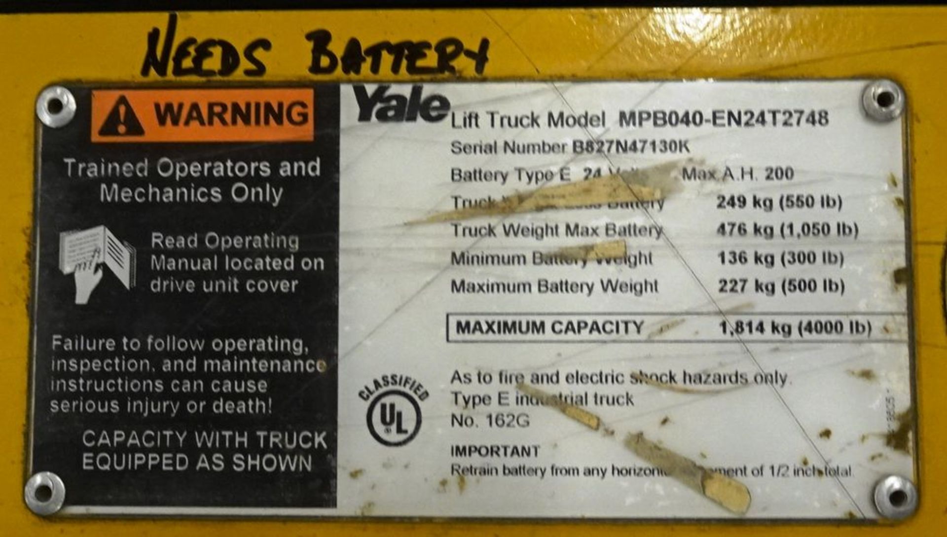 YALE MPB040-EN24T2728 ELECTRIC POWERED PALLET JACK, S/N B827N47130K, 4,000 LBS CAPACITY. (NOTE: - Image 3 of 3