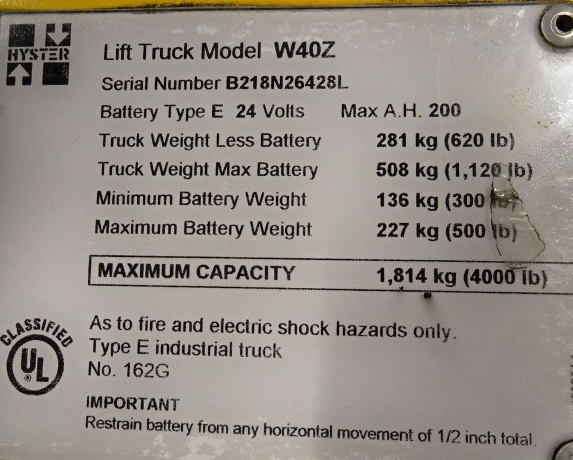 HYSTER W40Z ELECTRIC POWERED PALLET JACK, S/N B218N26428L, 4,000 LBS CAPACITY. (NOTE: NEEDS - Image 4 of 5