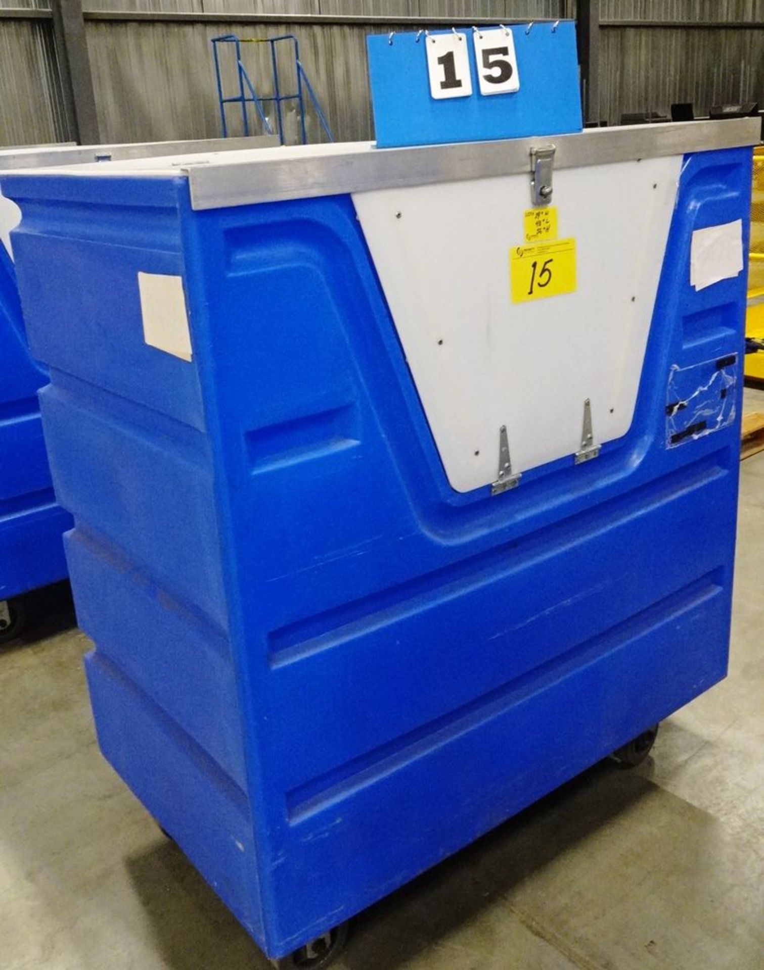 BLUE PLASTIC 29"W X 48"L X 56" H PORTABLE TRANSPORT BIN, LOCKING SYSTEM, ON CASTERS