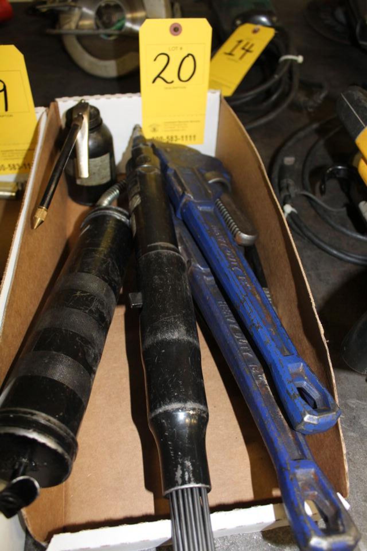 CONT OF BOX: GREASE GUN, SEALER, PIPE WRENCHES
