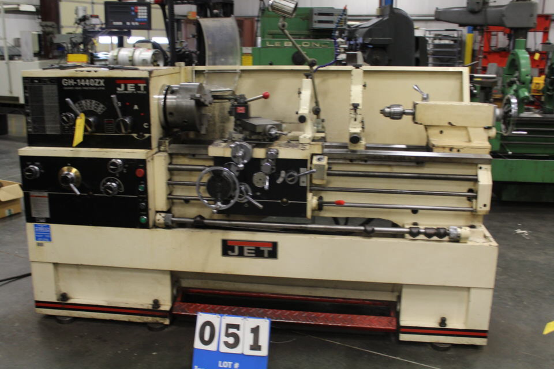 JET GH-1440ZX ENGINE LATHE W/ NEWALL DRO, 5' BED, 10" 3 JAW CHUCK, TOOL HOLDER, STEADY REST