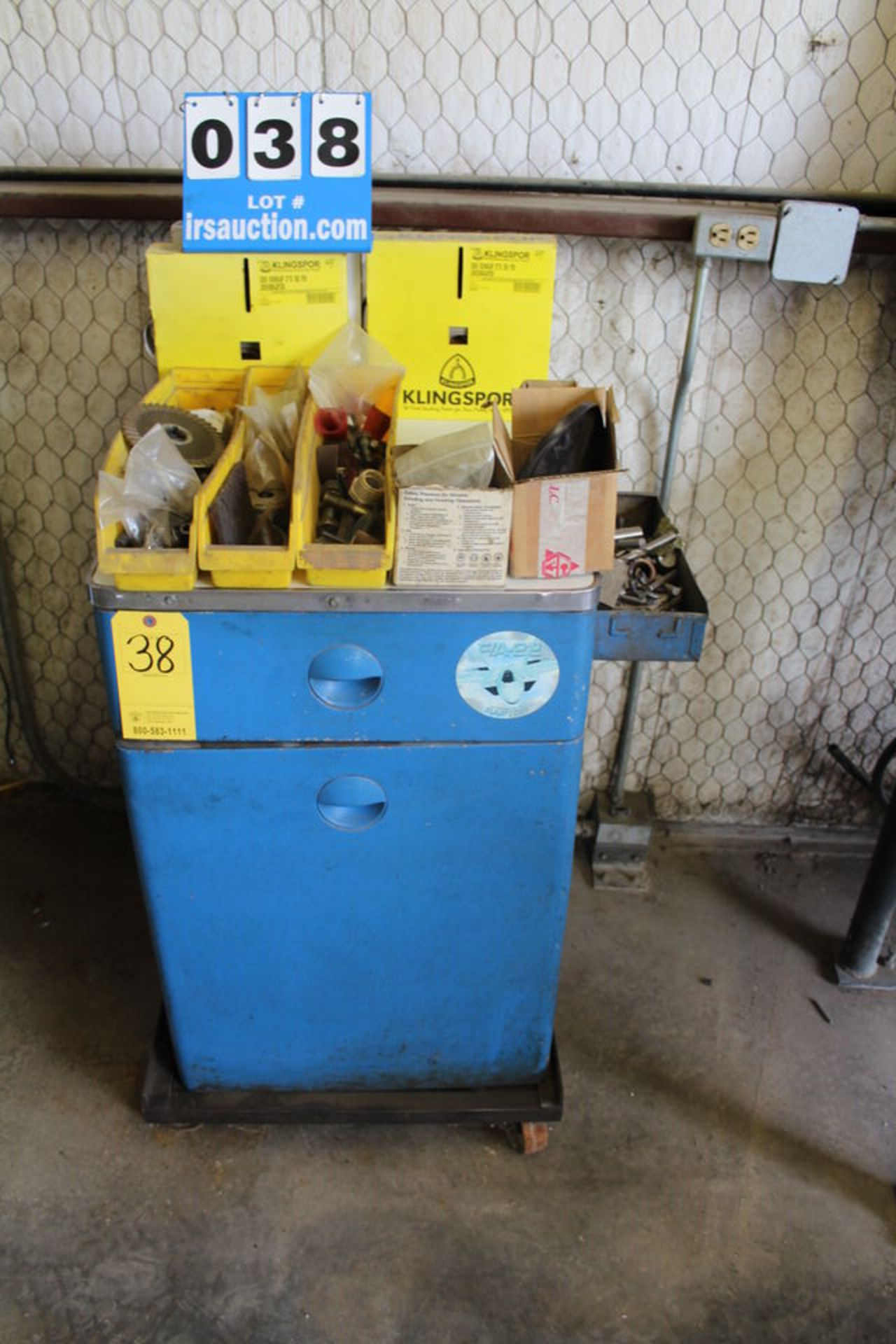 PORTABLE BLUE TOOL CABINET W/ CONTS:DRILLS, SANDPAPER