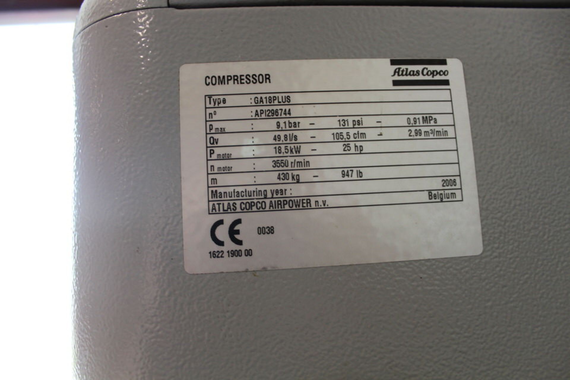 ATLAS COPCO AIR COMPRESSOR, 25 HP, 131 PSI MAX, YEAR: 2006, TYPE: GA18 PLUS - Image 2 of 2