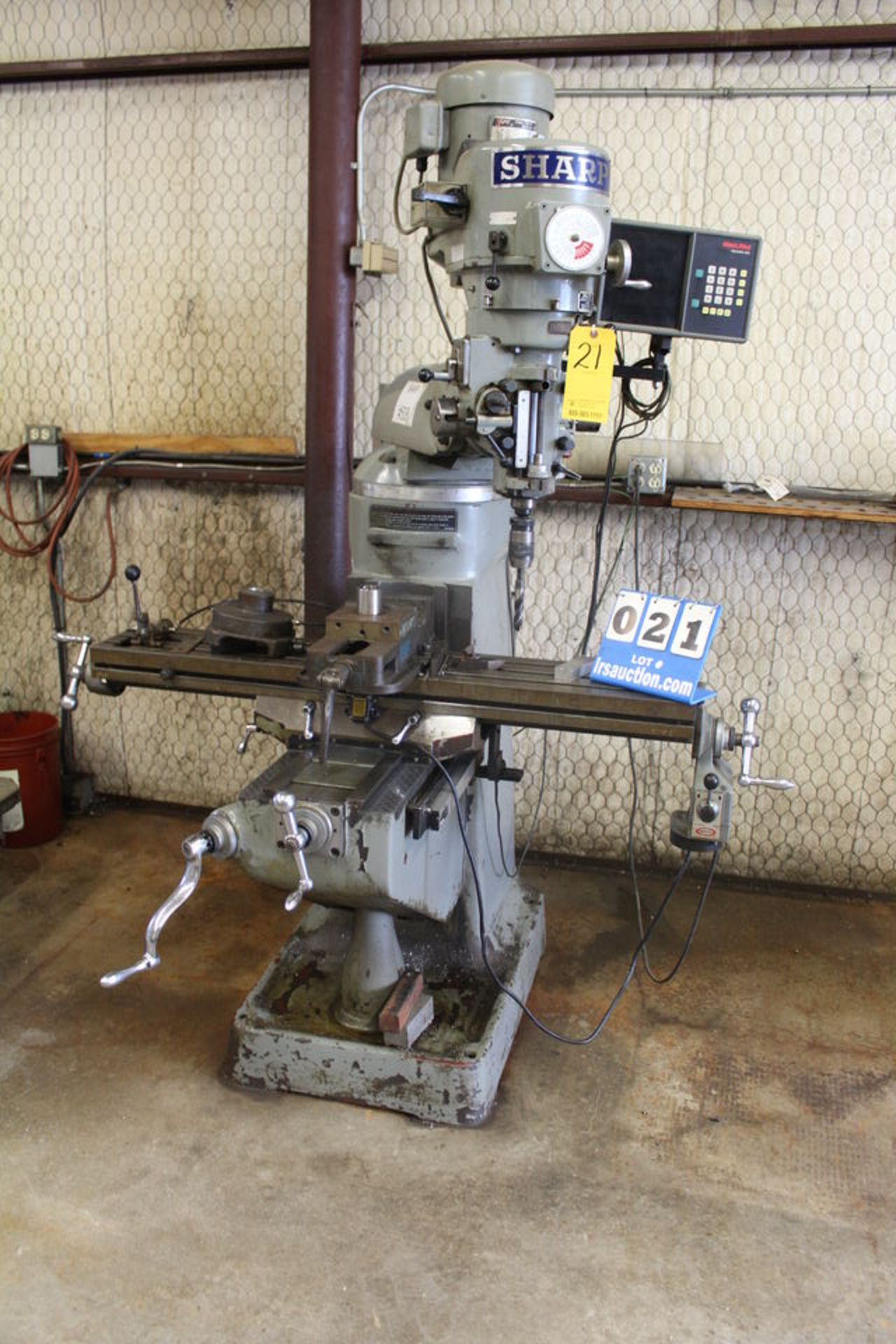 SHARP VERTICAL MILLING MACHINE, 9" X 50" T SLOTTED TABLE, POWERFEED, ANILIAM WIZZARD 450 DRO, KURT