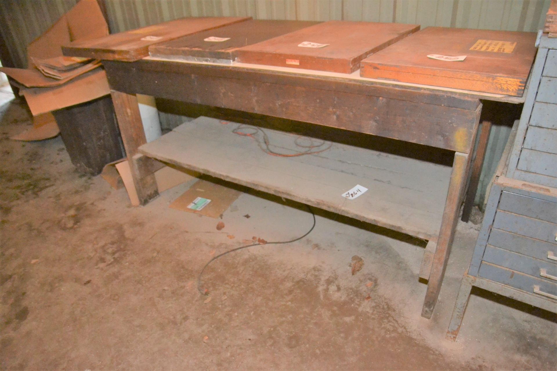 LOT (2) WOOD TABLES 6’ X 3’ , 72” X 27”, (1) FOLDING LEG TABLE, (1) FOREMAN DESK (LOCATION: 2622