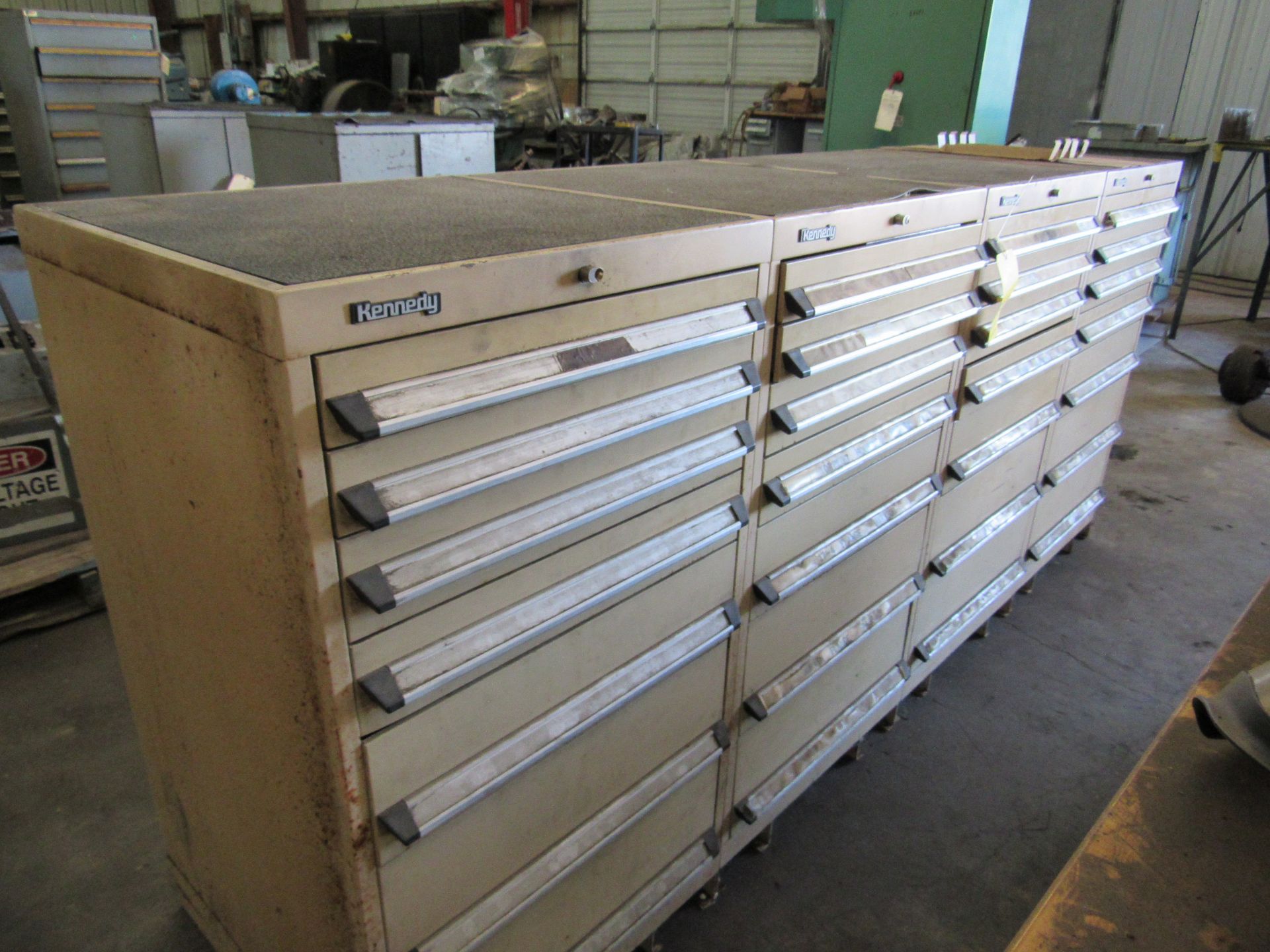 Four Kennedy 7 Drawer Tool Cabinets, Connected, with Contents (Inspections Tools, Dies, Drill