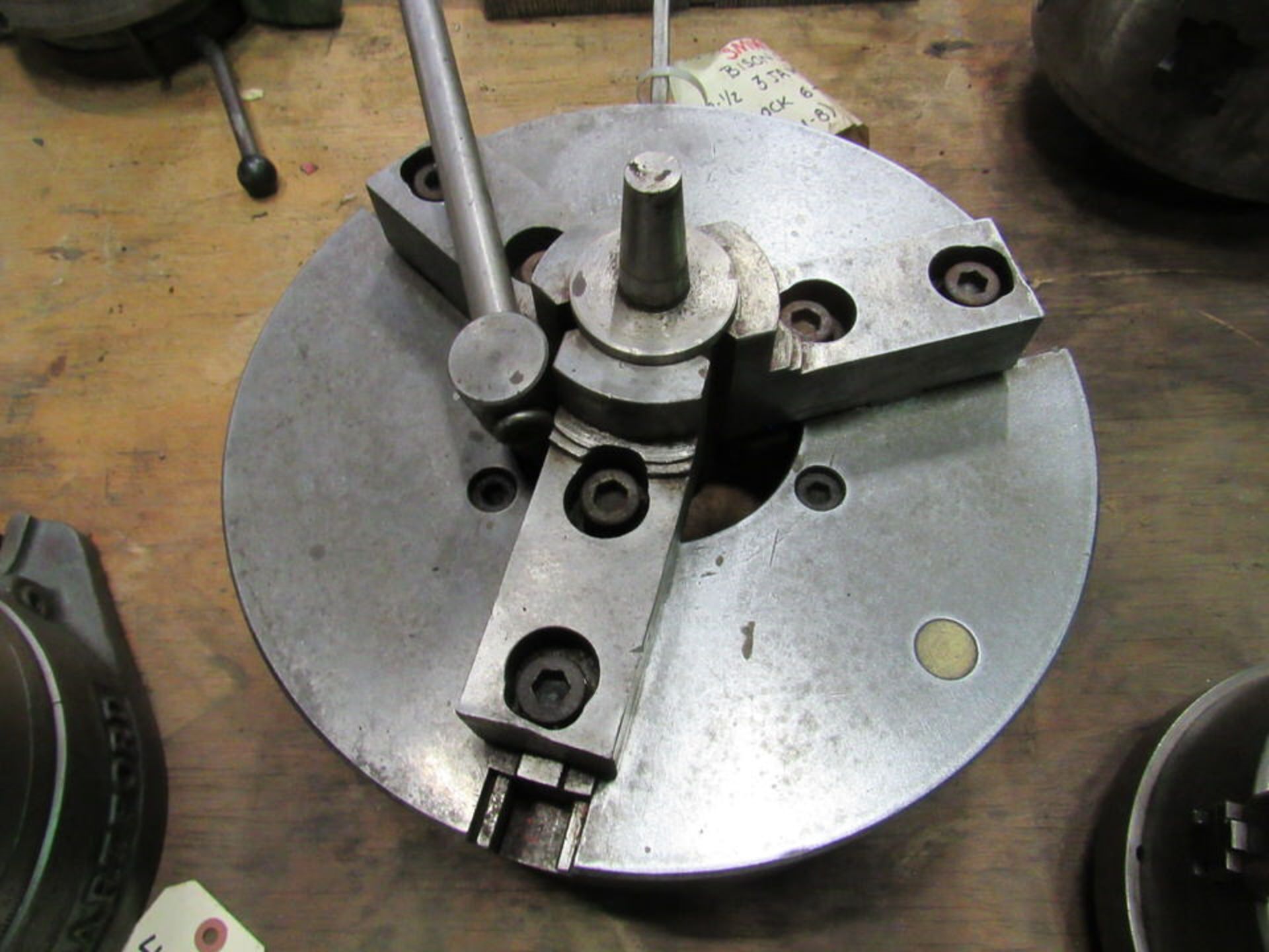 12.5" 3-Jaw Bison Chuck, 4" through hole, camlock 6 - 1" pin (D1-8), S/N NA (LOCATION: 3603 Melva
