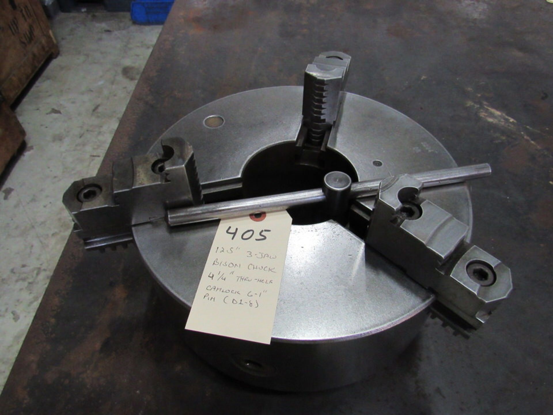 12.5" 3-Jaw Bison Chuck, 4.25" through hole, camlock 6 - 1" pin (D1-8), S/N NA (LOCATION: 3603 Melva