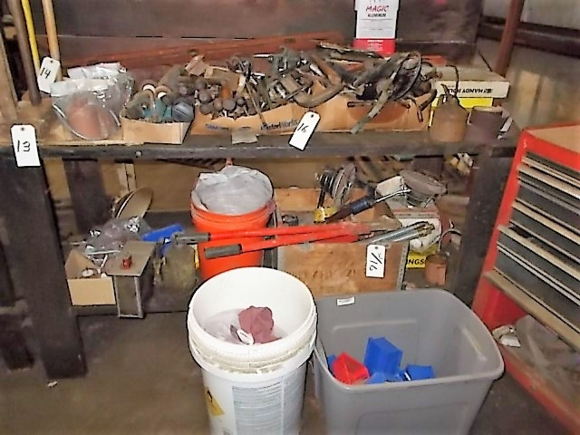 LOT MISC. SHOP HAND TOOLING, SHOP RAGS, EMERY CLOTH, SHIM STOCK, PNEUMATIC DIE GRINDERS, FILES,