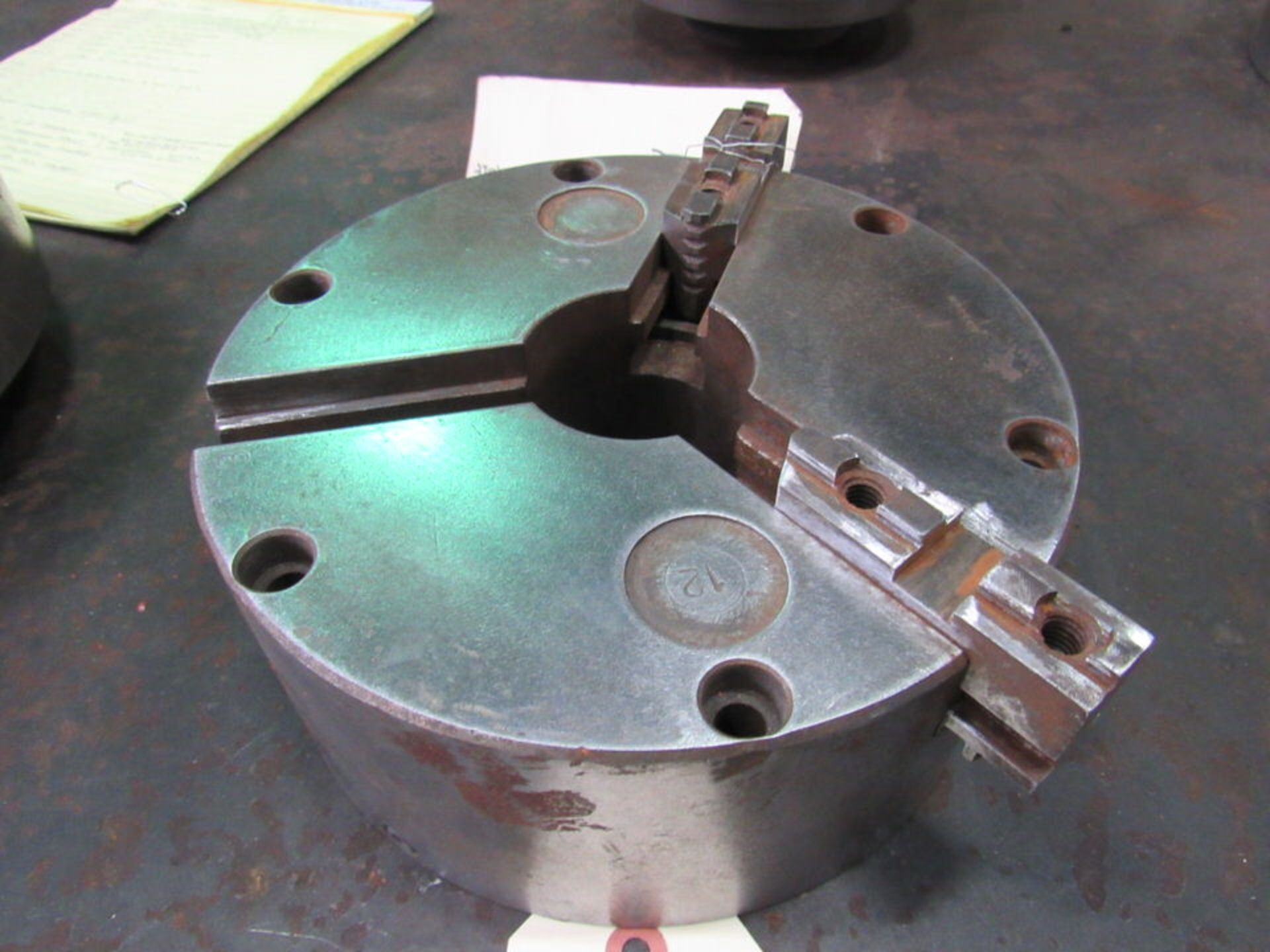 8.25" 3-Jaw Chuck, 2.25" through hole, flat back, missing 1 jaw, S/N NA (LOCATION: 3603 Melva