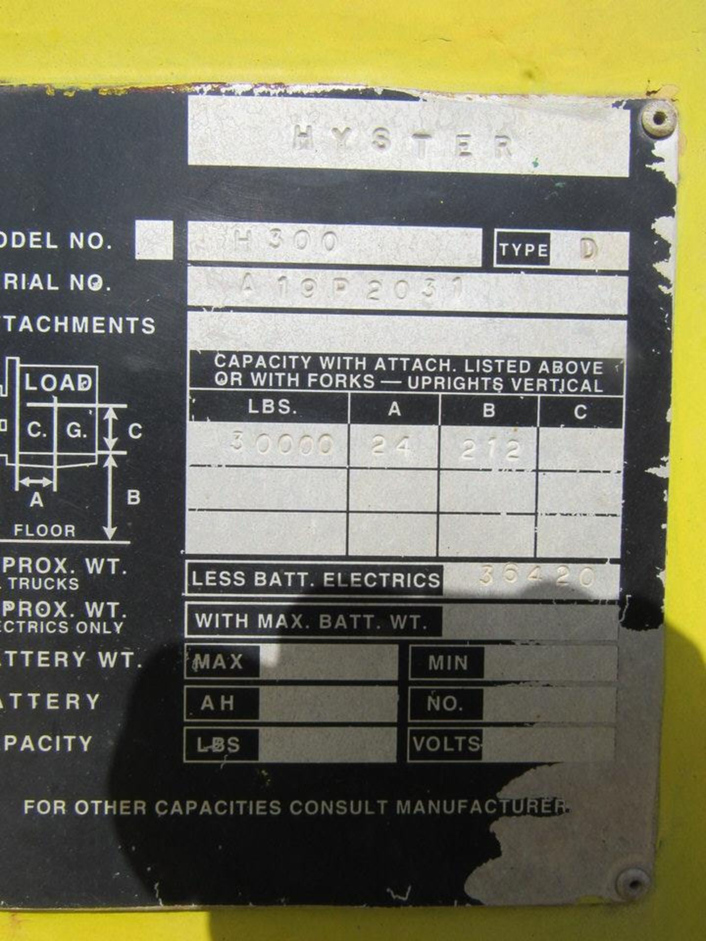 30,000 lb. Hyster Model H300 Rough Terrain Forklift, diesel engine, pneumatic tires (approx. 35% - Image 7 of 7