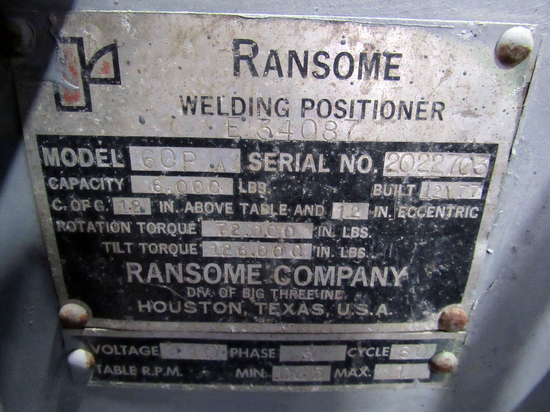 6000 Lb. Ransome Model 60P-A Adjustable Height Tilt and Rotate Welding Positioner, new 1977, 60" - Image 4 of 4