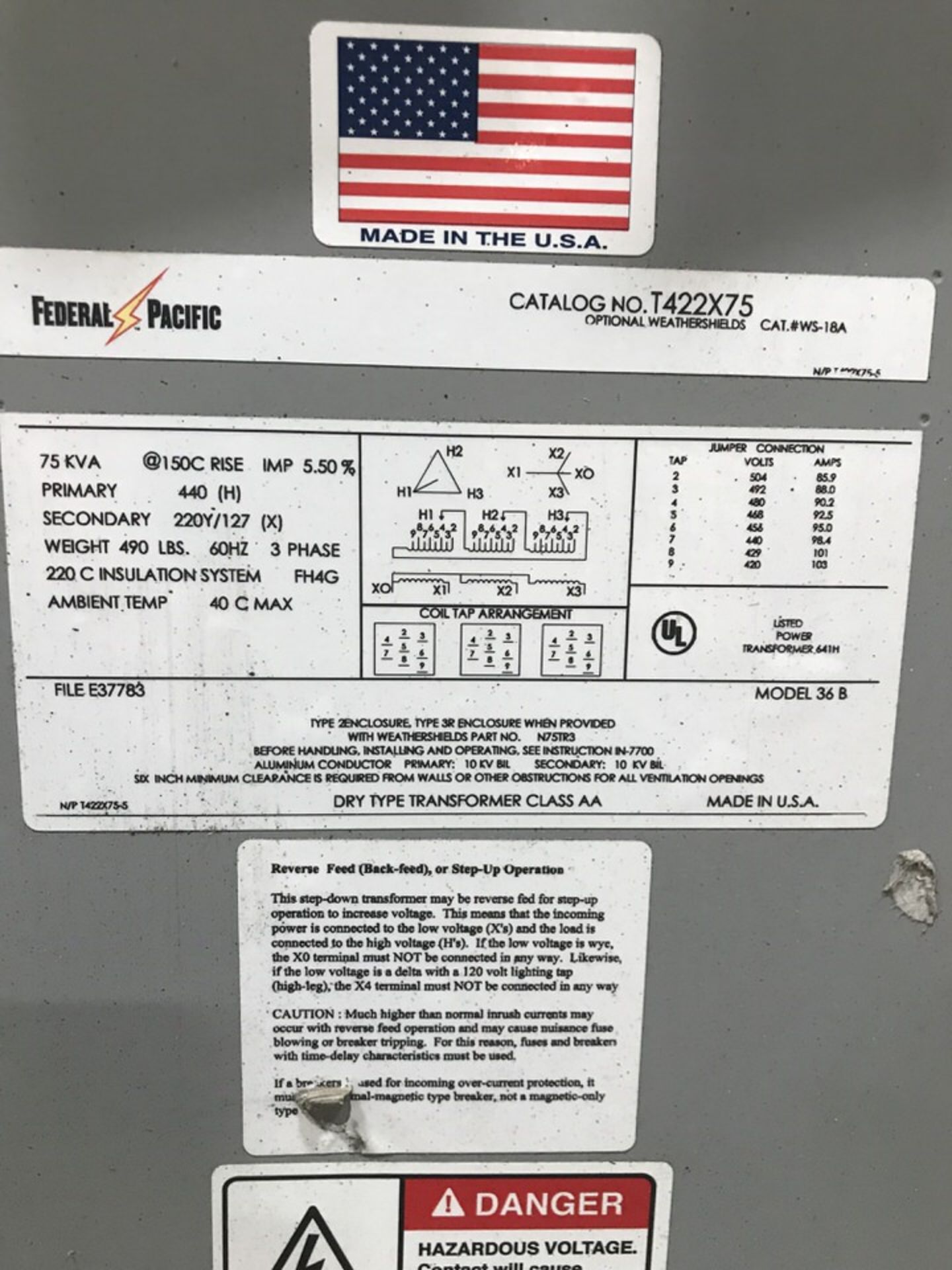 Federal Pacific Transformer, 75 KVA (LOCATION: 3421 N SYLVANIA, FT WORTH, TX, 76111) - Image 2 of 3