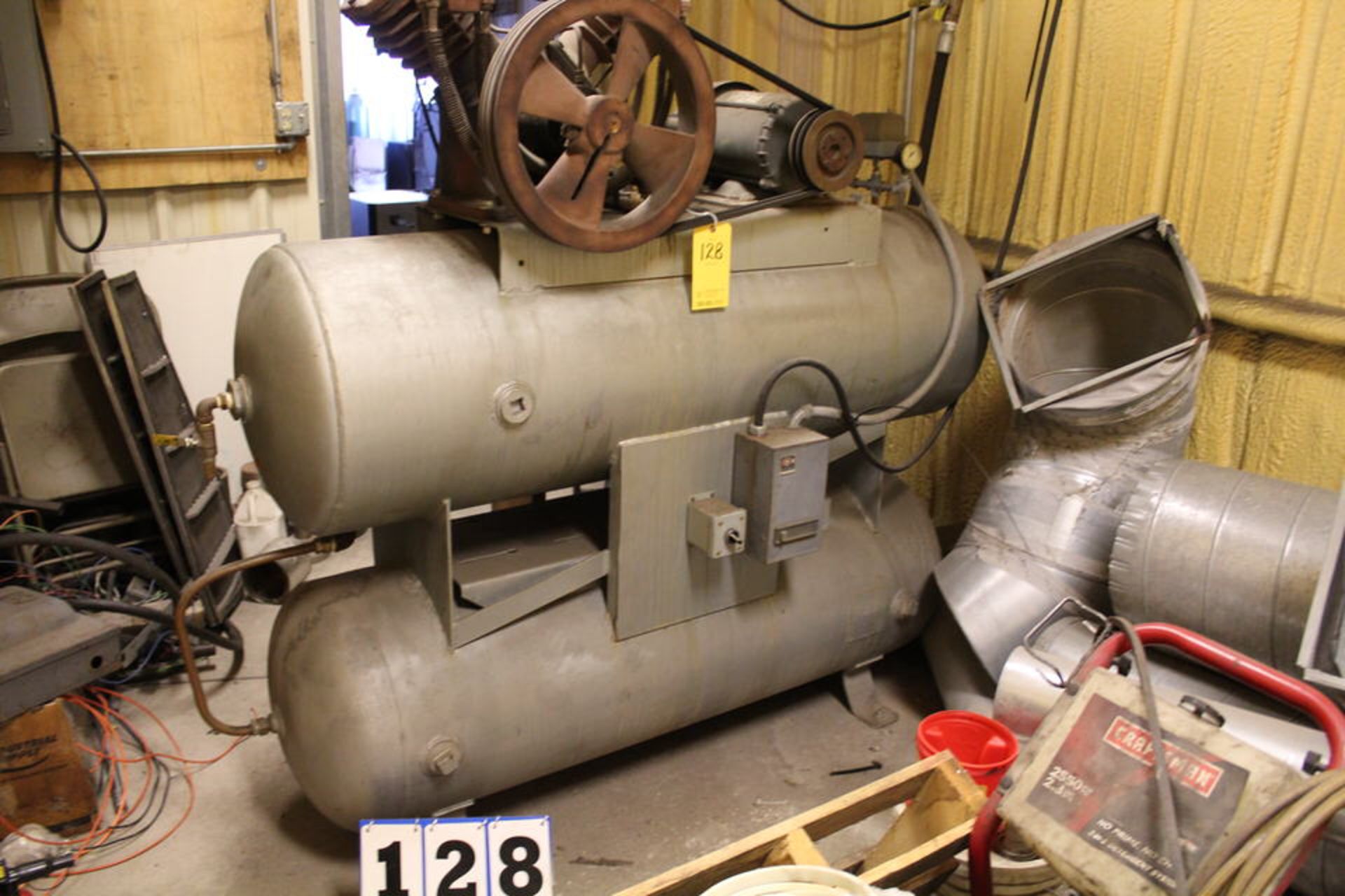 2 STAGE RECIPROCATING AIR COMPRESSOR, 5HP W/ APPROX 50 GAL HORIZONTAL RECIEVING TANKS