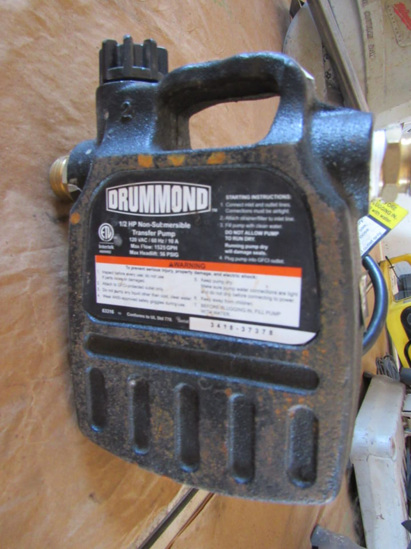 One Drumond 1/2 HP Non-Submersible Transfer Pump, S/N 3418-37378 - Image 2 of 2