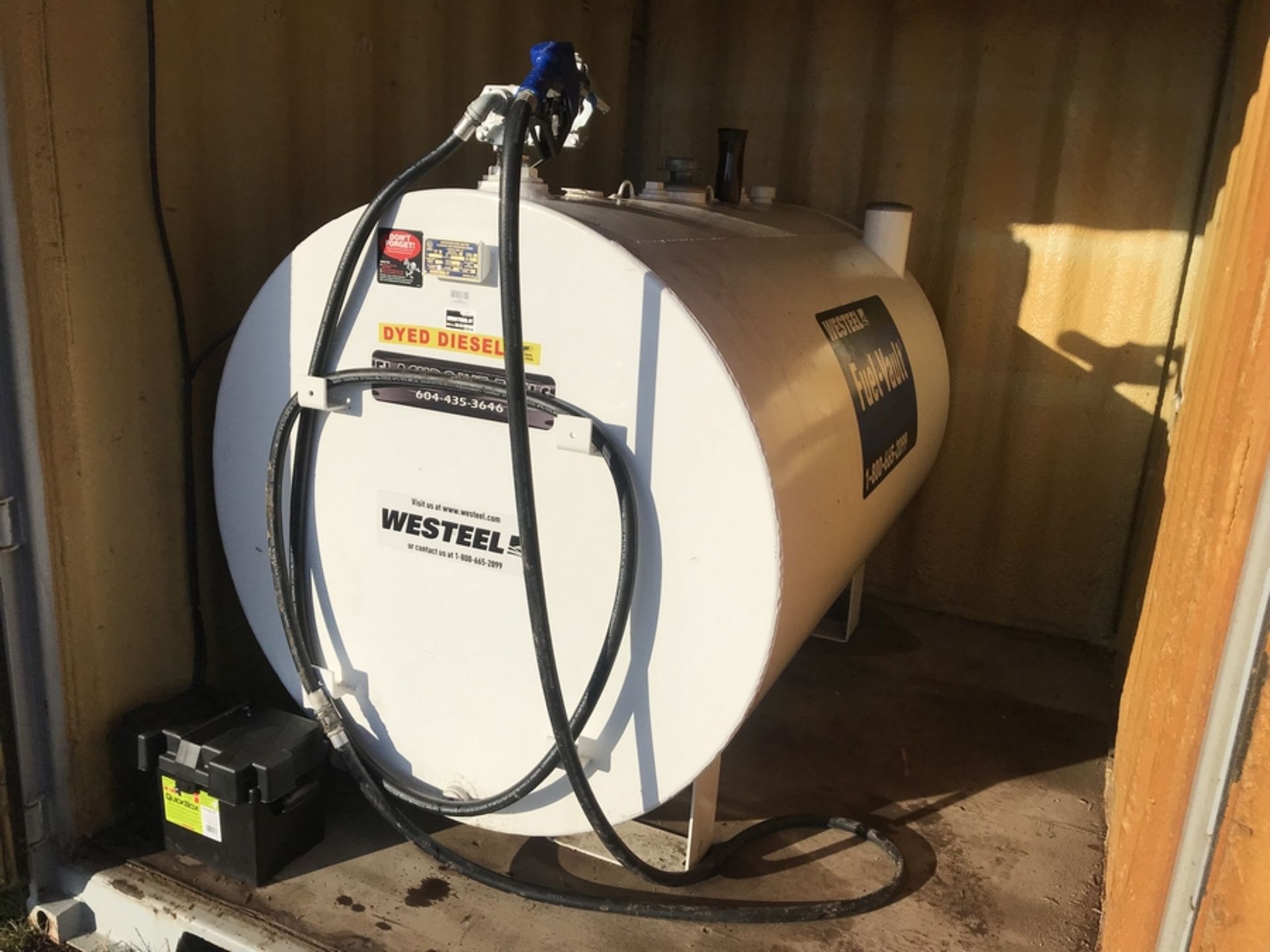 2018 WESTEEL ABOVE GROUND 2,250 LITRE DYED DIESEL FUEL TANK IN CONTAINER WITH 21" OF FUEL