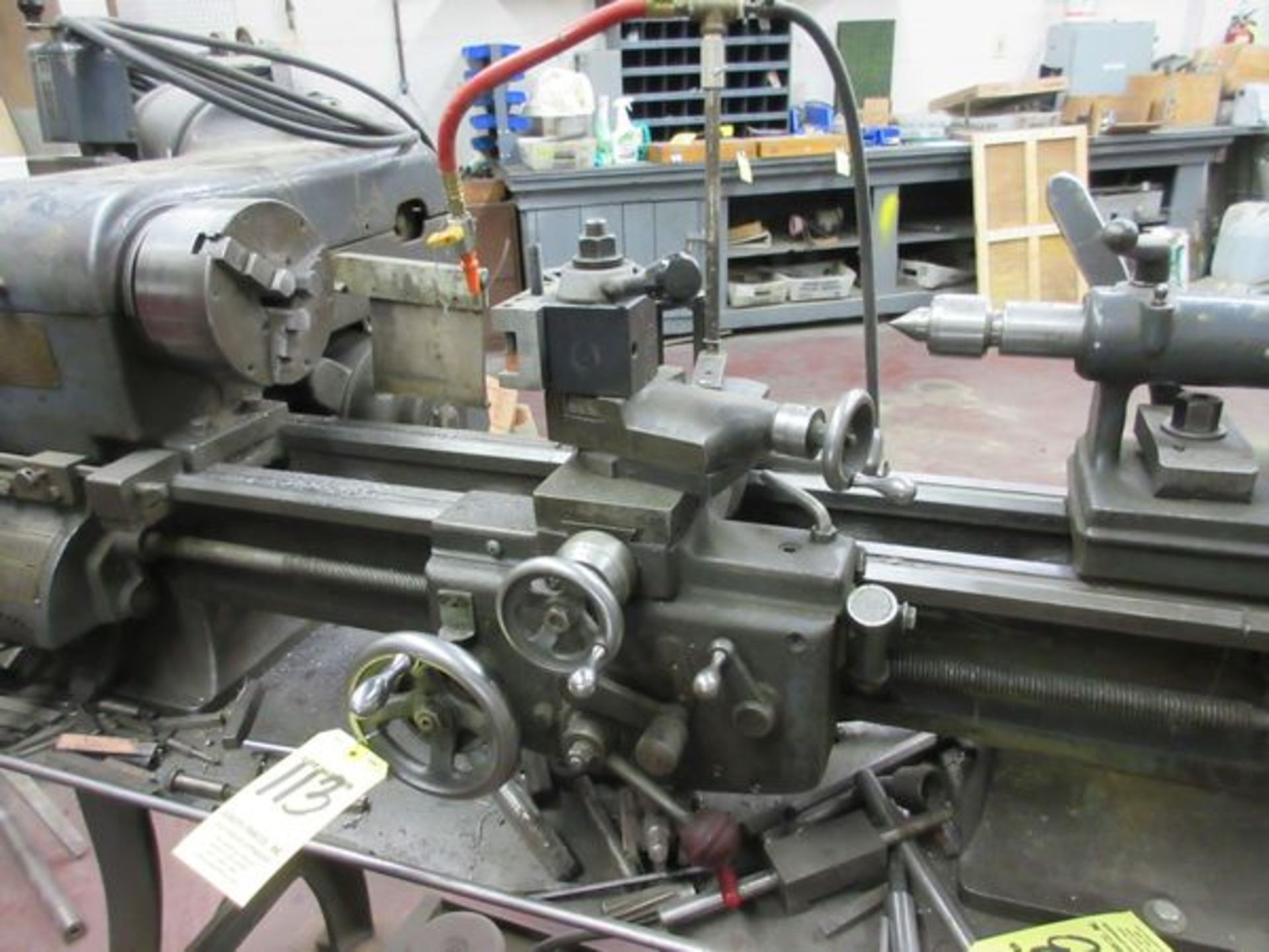 Logan Lathe Approx. 24" 3-Jaw Chuck, Toolpost, (1) H.P. F.R. Attachment, Gray Mills Pumping - Image 4 of 5