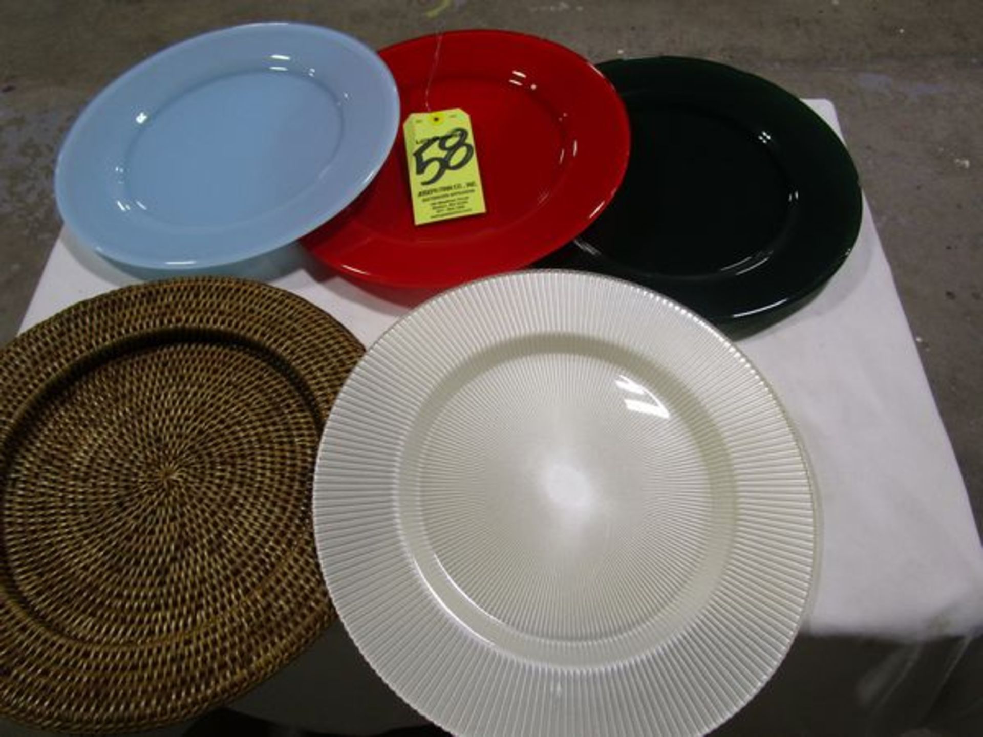 LOT (67) 12" Red Charger Plates, (85) 12" Light Blue Charger Plates, (84) 12" Green Charger