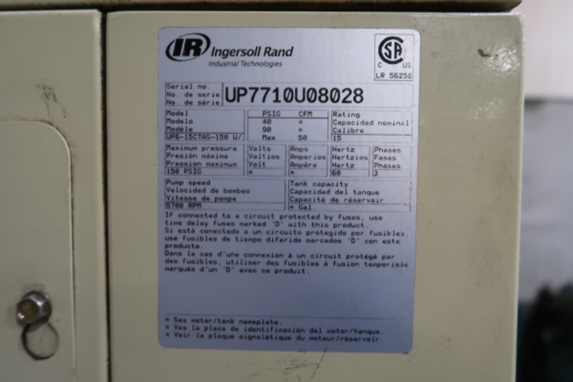 INGERSOL RAND UP6-15CTAS-150W, 15HP/600/3PH, 16,754 HOURS, W/STEP DOWN TRANSFORMER, S/N UP7710U08028 - Image 3 of 4