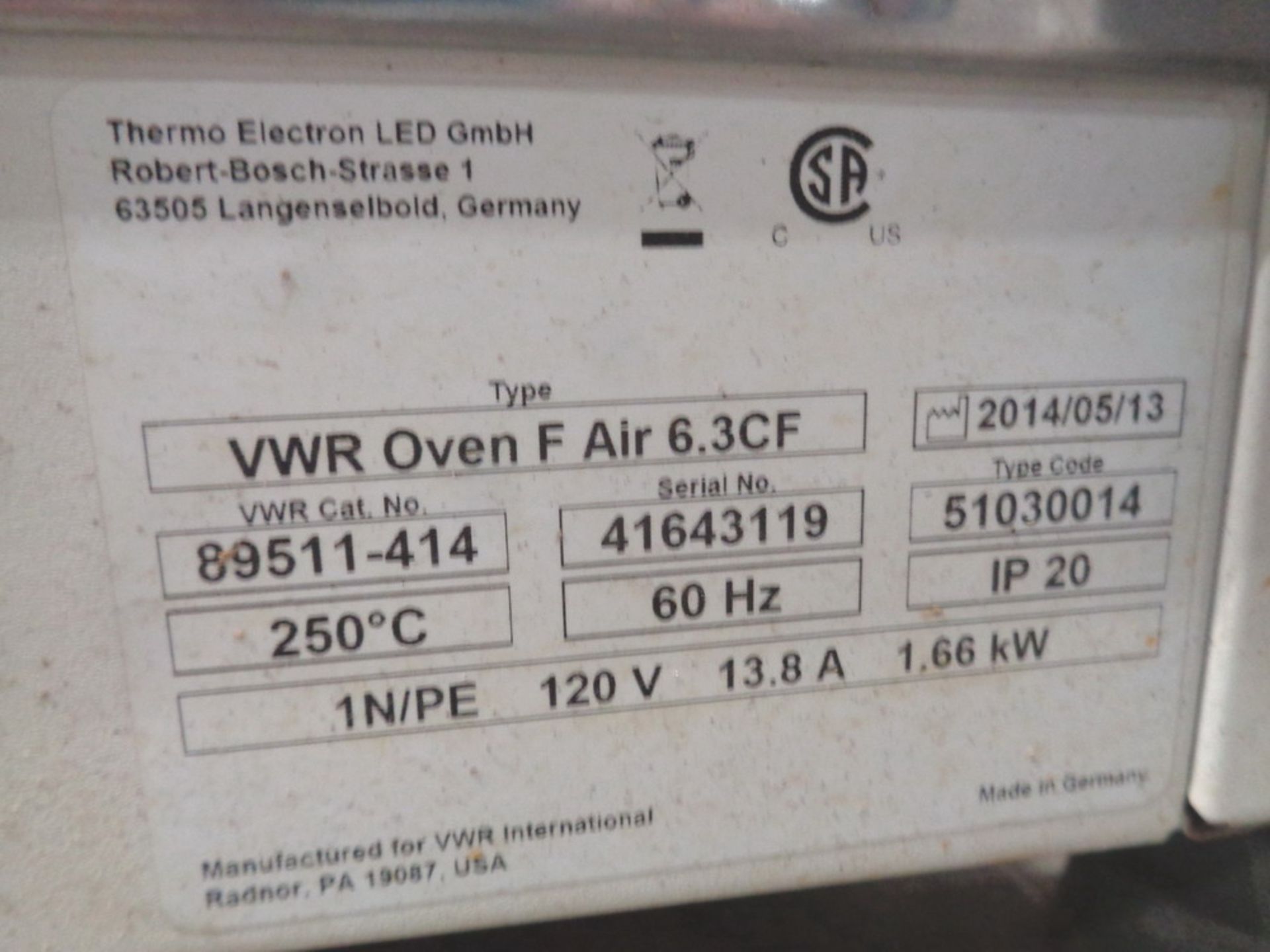 VWR 6.3 CUFT Oven, Model F-Air, S/N 41643119 250 degrees C - Image 4 of 4