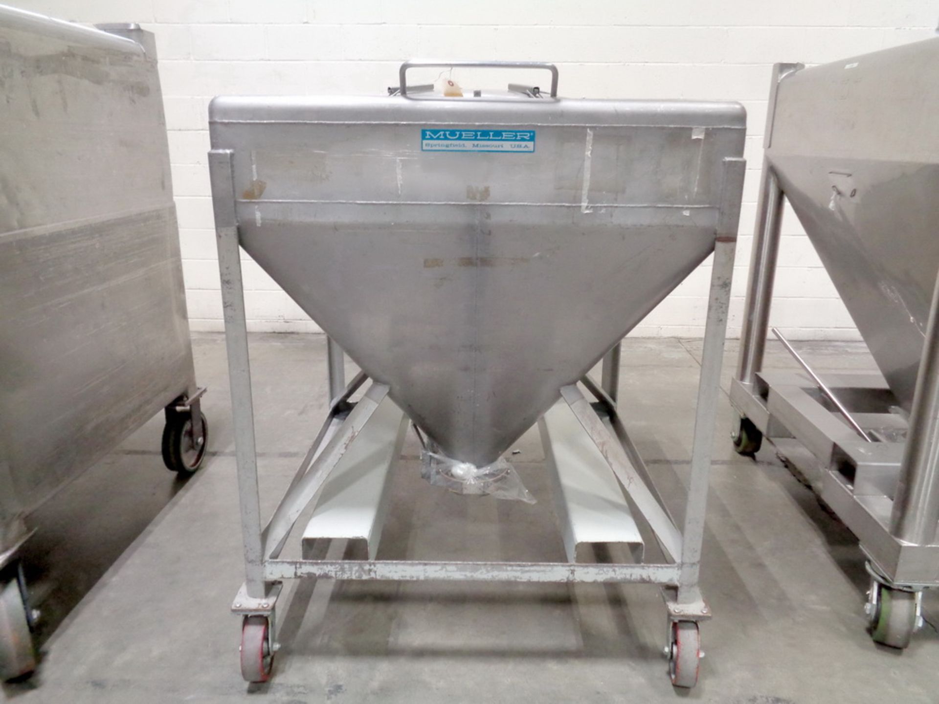 Mueller Rectangular SS Portable Powder Totes w/ manual bottom discharge butterfly valves