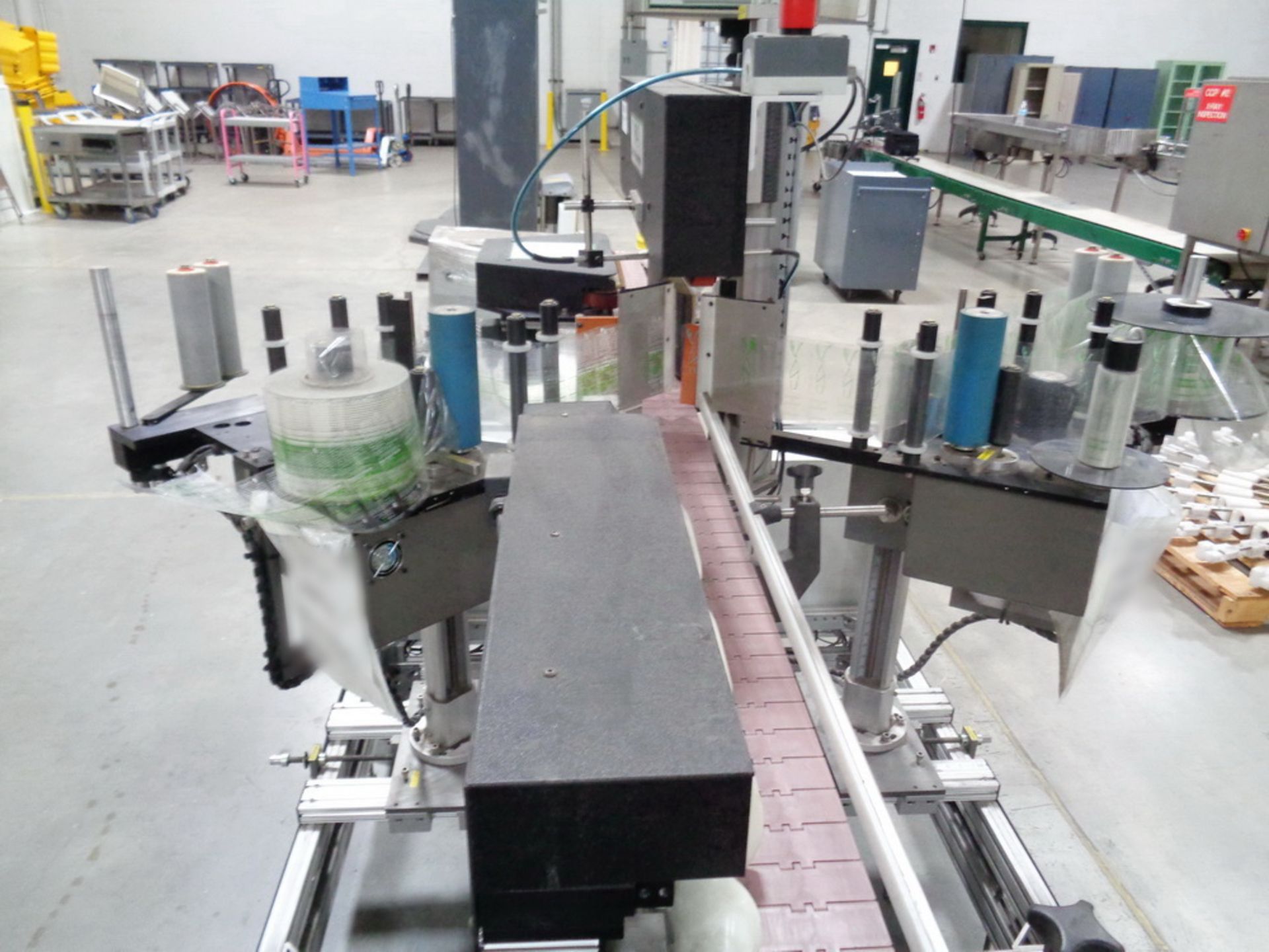 PE-Pack Double Sided Pressure Sensitive Wrap Labeler with conveyor. - Image 2 of 8