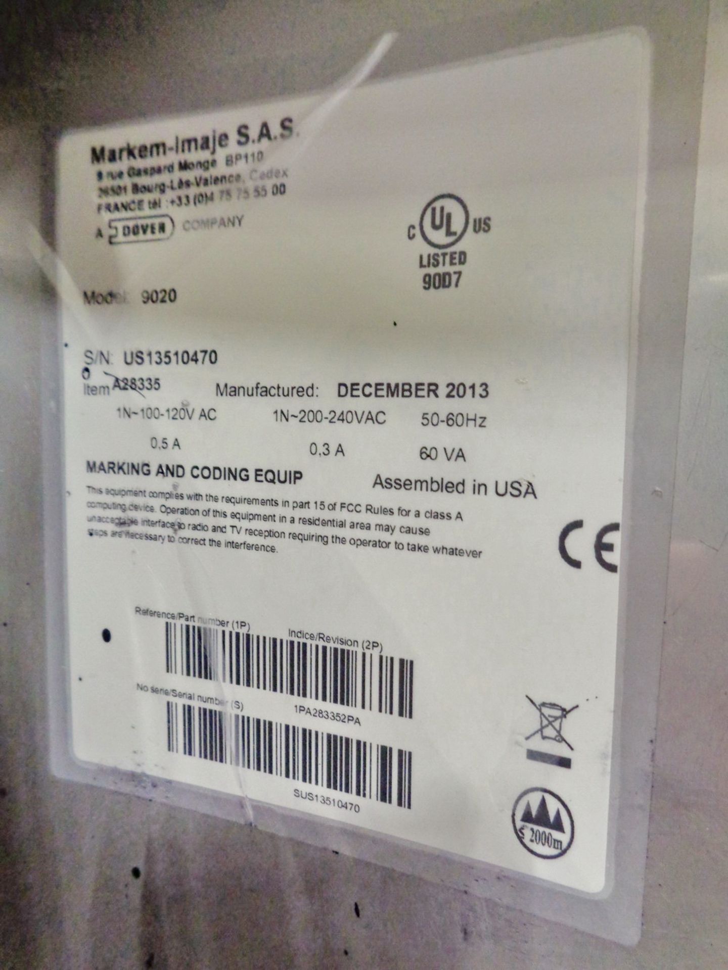 Markem-Imaje Inkjet Printer, Model 9020, December 2013 - Image 5 of 5