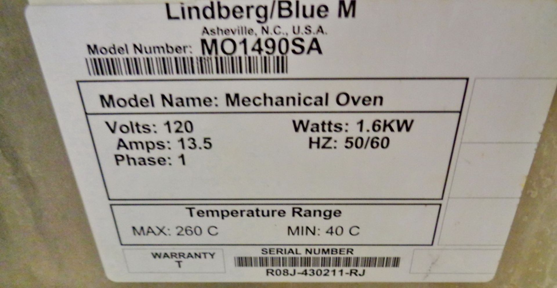 Lindberg/Blue M Oven, Model M01490SA, S/N R08J-430211-RJ - Image 4 of 4