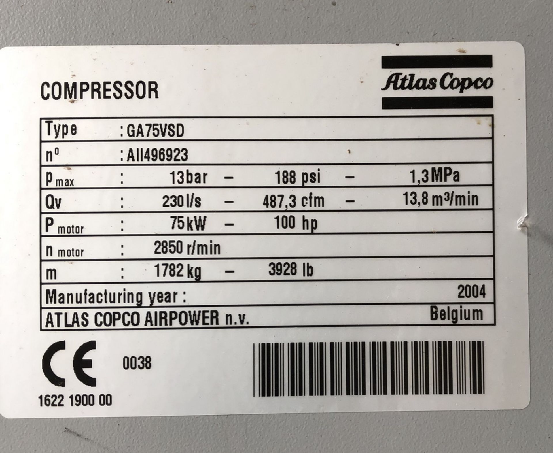 Atlas Copco Air Compressor, Model GA75VSD, S/N All496923, 100 HP, 487cfm @188 psi, new 2004 - Image 3 of 3