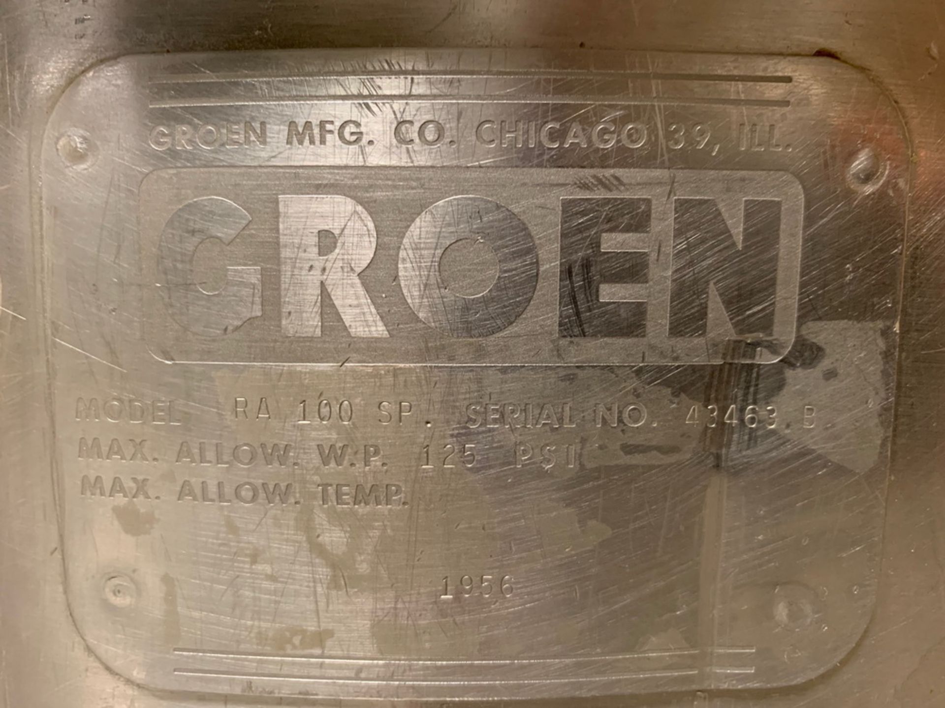 Groen 100 gal Single Motion Scraper Jacketed Kettle, Model RA 100 SP., S/N 43463 B. - Image 4 of 7