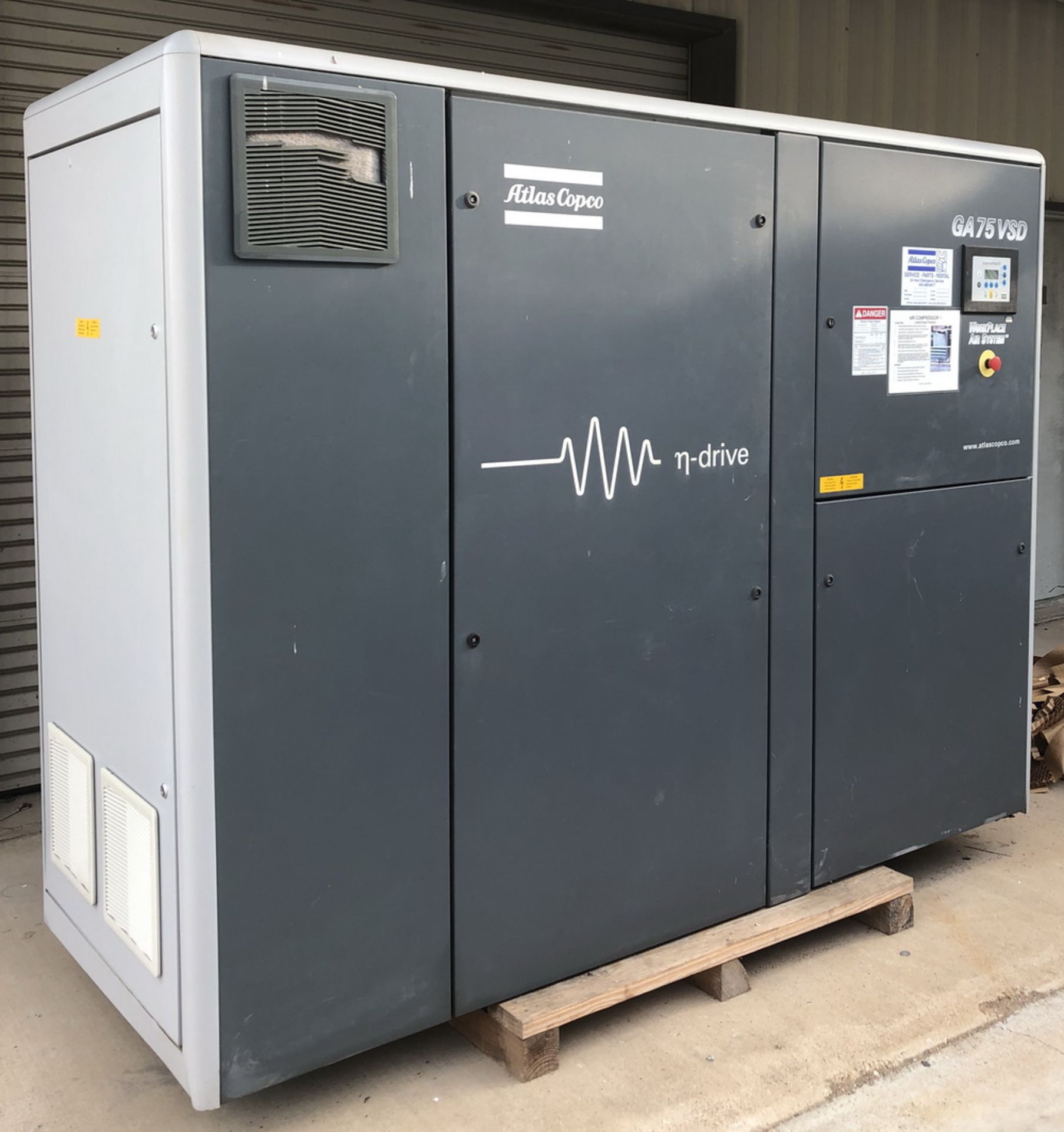 Atlas Copco Air Compressor, Model GA75VSD, S/N All496923, 100 HP, 487cfm @188 psi, new 2004