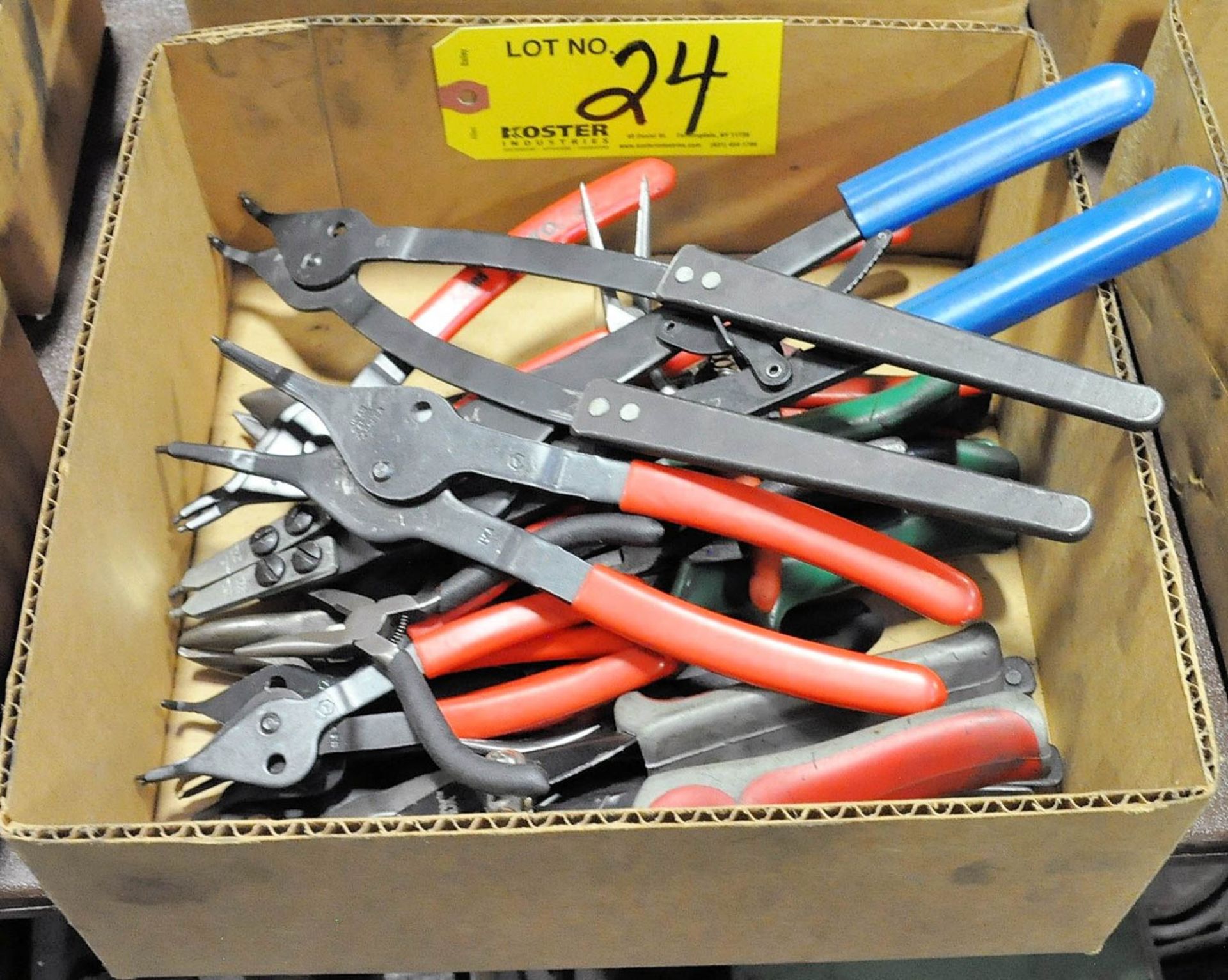 Lot of Snips, Snap Ring and Various Pliers in Box