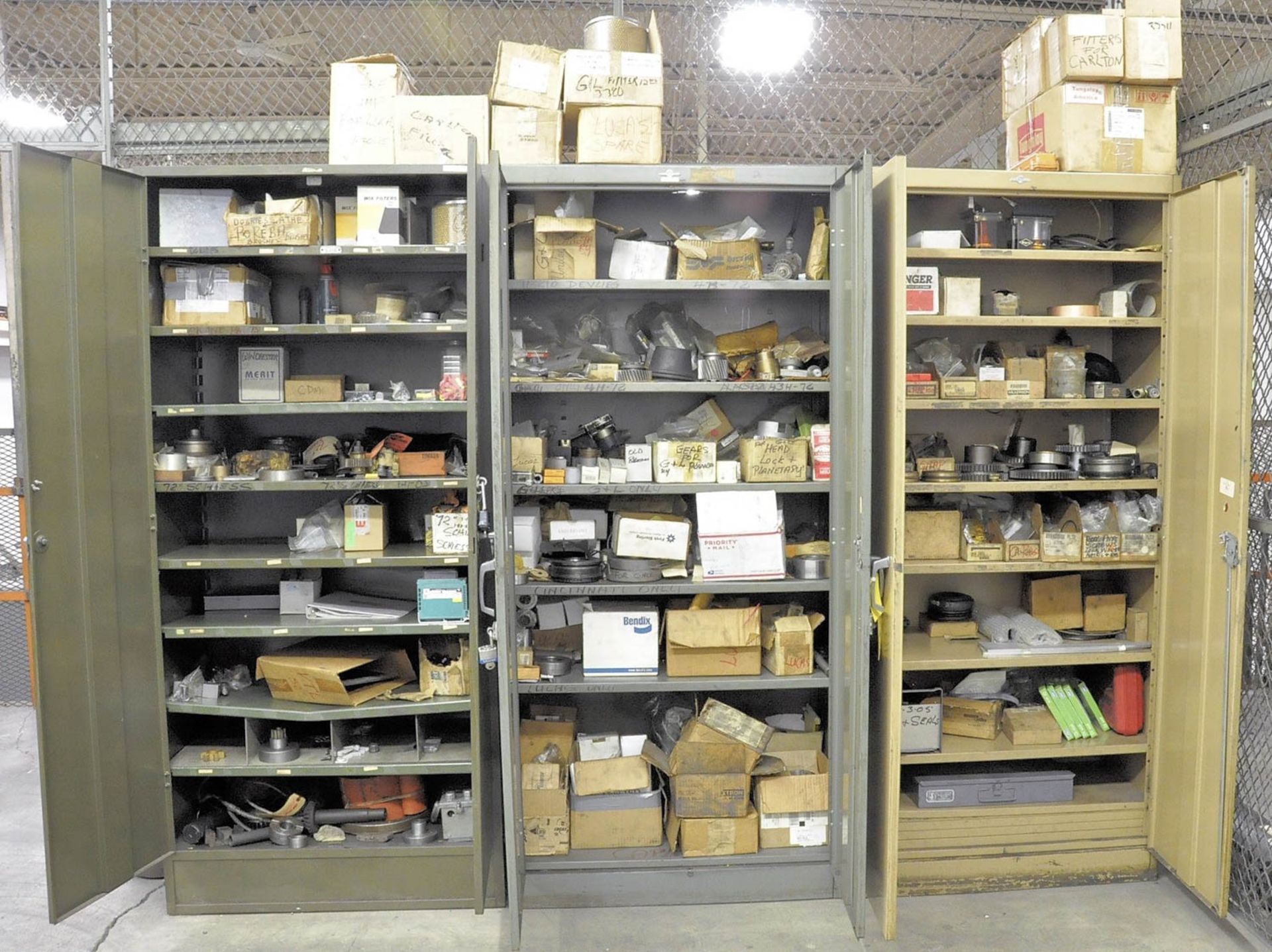 Lot of Spare Machine Parts for All Large Machines in the Shop in (3) Cabinets (Mezzanine)