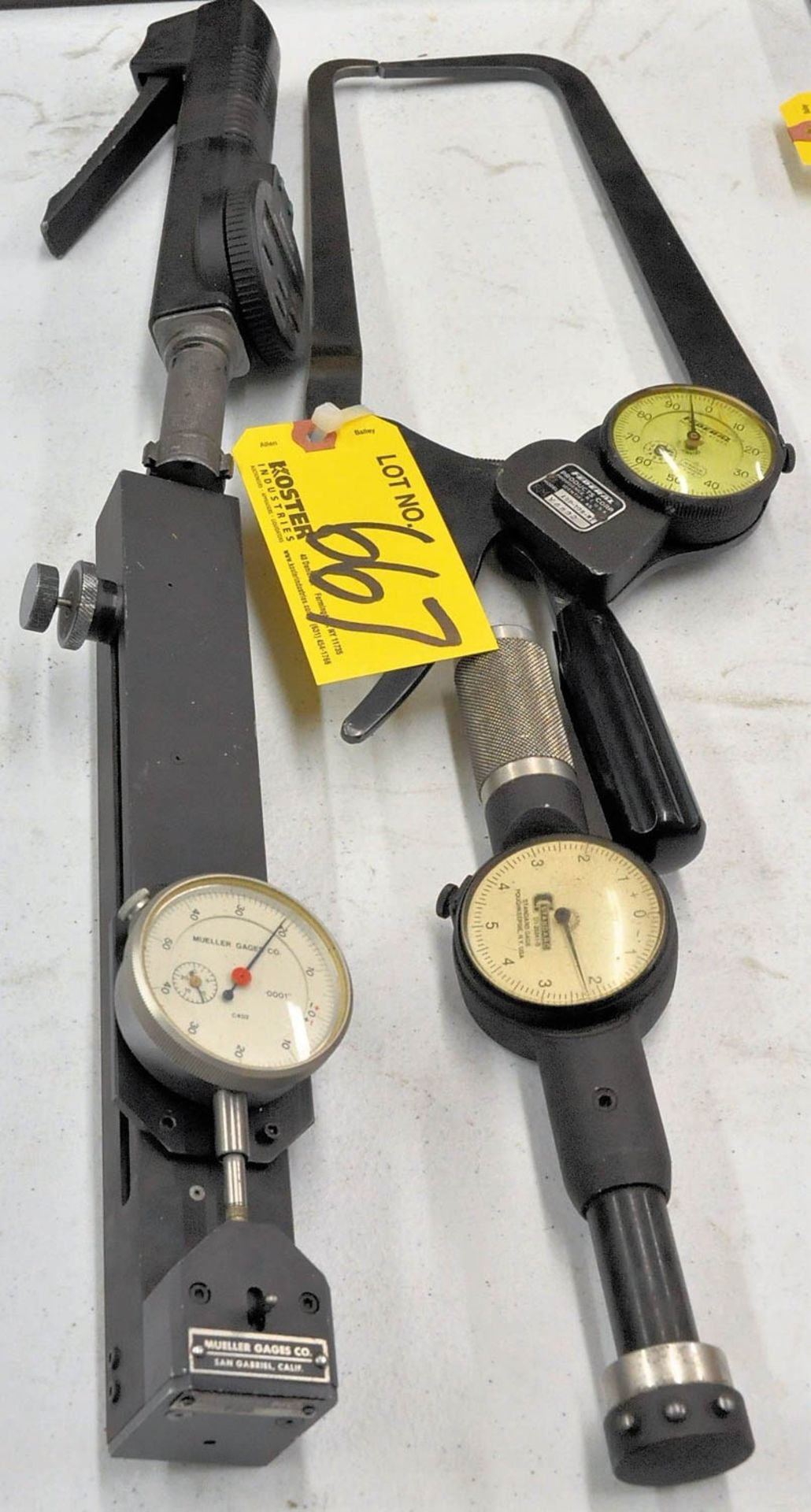(1) Mitutoyo Borematic Digital Bore Gage, (1) Standard Dial Bore Gage, (1) Mueller Dial Force Gage