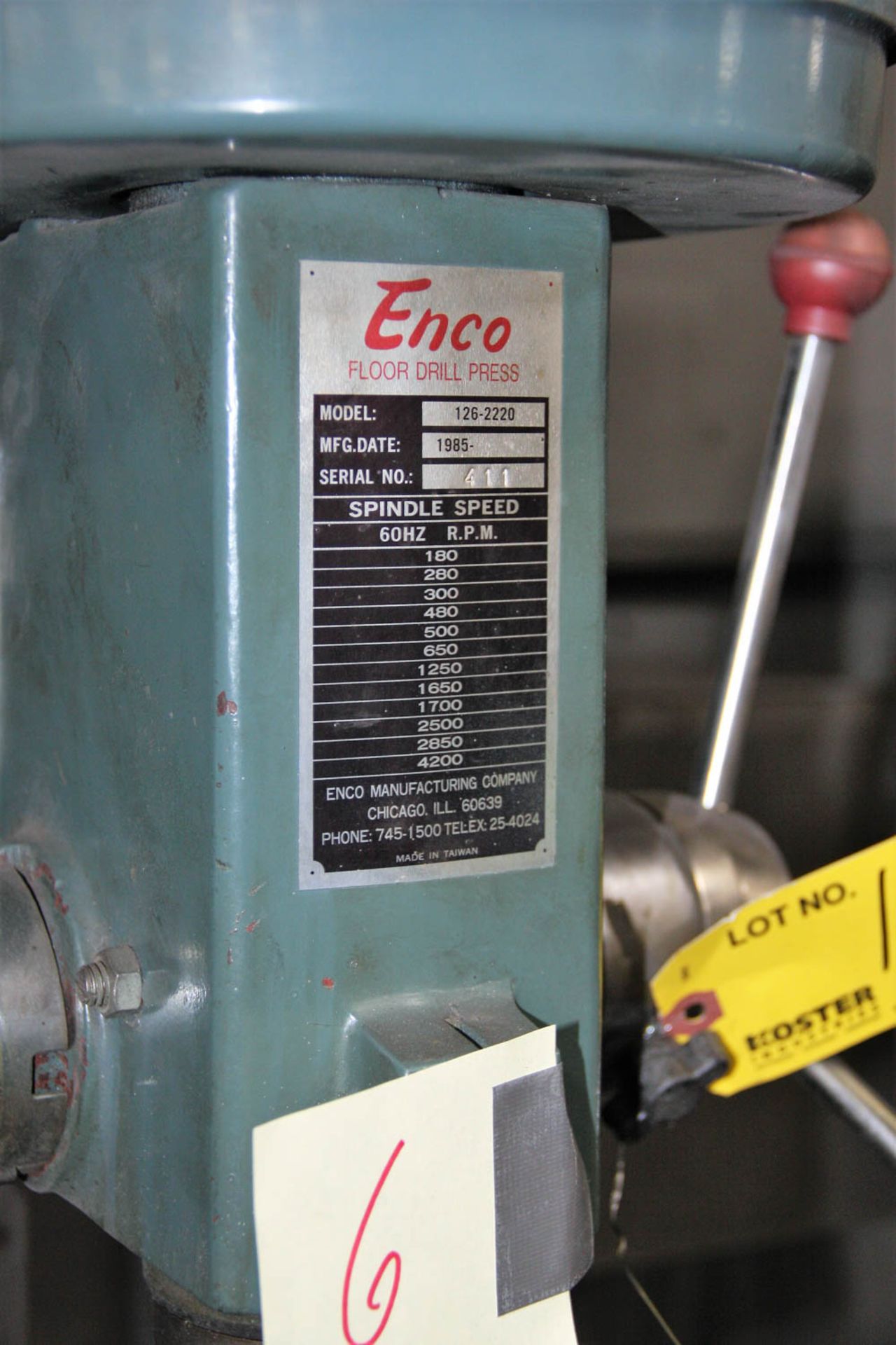 22" ENCO MDL.126-2220 FLOOR TYPE DRILL PRESS, DRILL CHUCK, 180-4200 RPM, 13-1/2" X 16" TABLE, SINGLE - Image 2 of 3