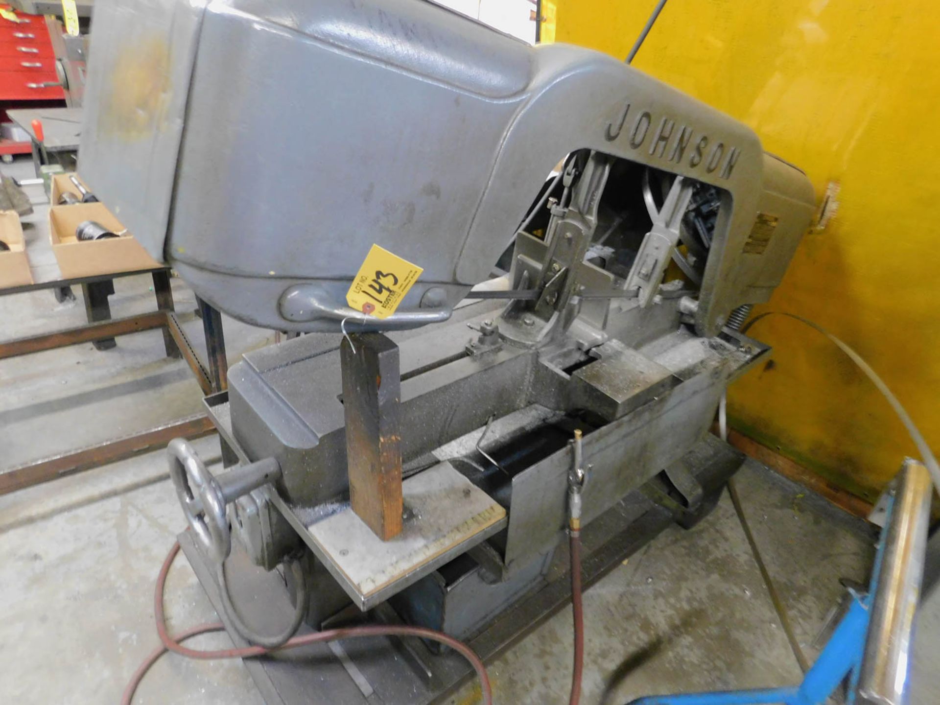 JOHNSON MDL. J HORIZONTAL BAND SAW, 18" OPENING, FEEDER STANDS, S/N: J-10856