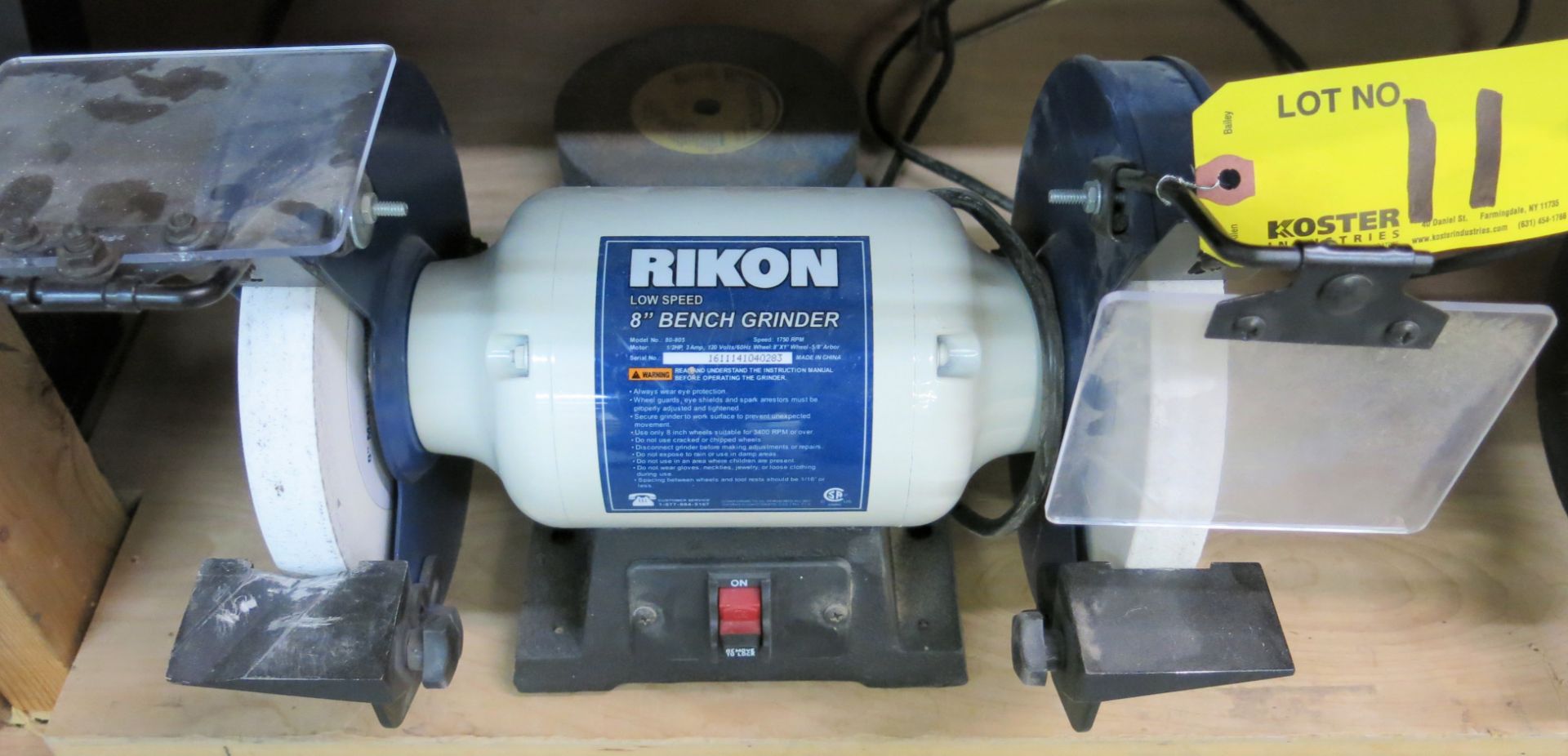 (1) RIKON LOW SPEED DOUBLE-ENDED 8" BENCH GRINDER