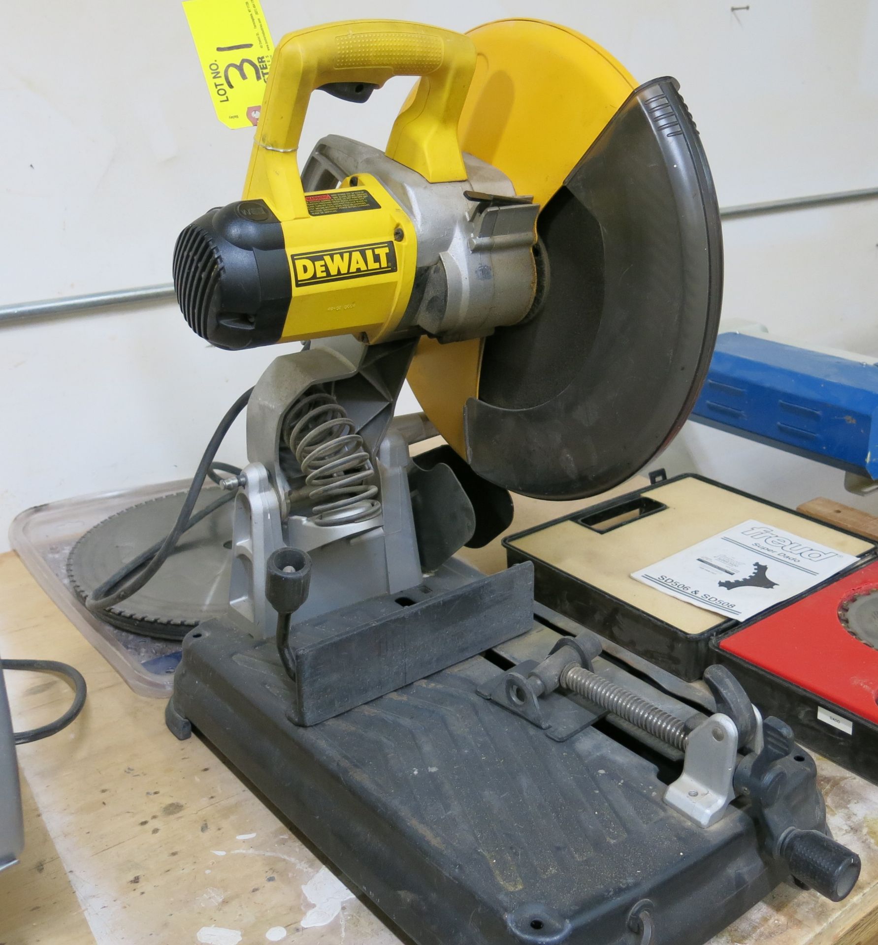 (1) DEWALT MDL. DW872 14" MULTI-CUTTER SAW WITH WOOD CUTTING BLADES AND ABRASIVE CUT-OFF BLADES