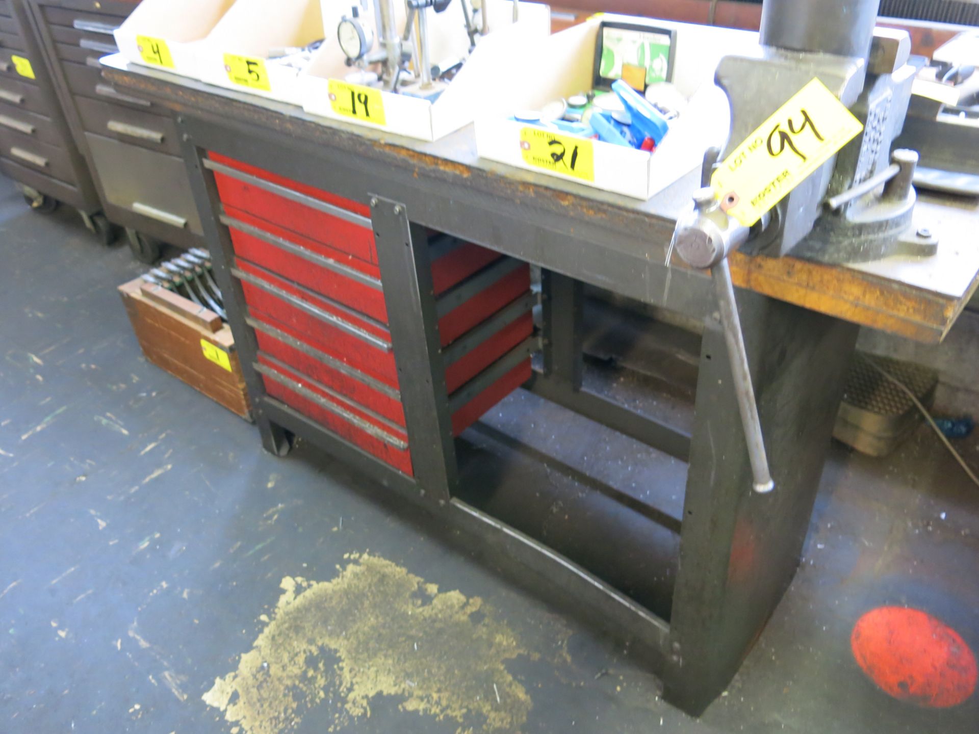 (1) CRAFTSMAN STYLE 5-DRAWER WOODEN TOPPED WORK BENCH AND CONTENTS, CONTENTS INCLUDE: HAMMERS, ALLEN