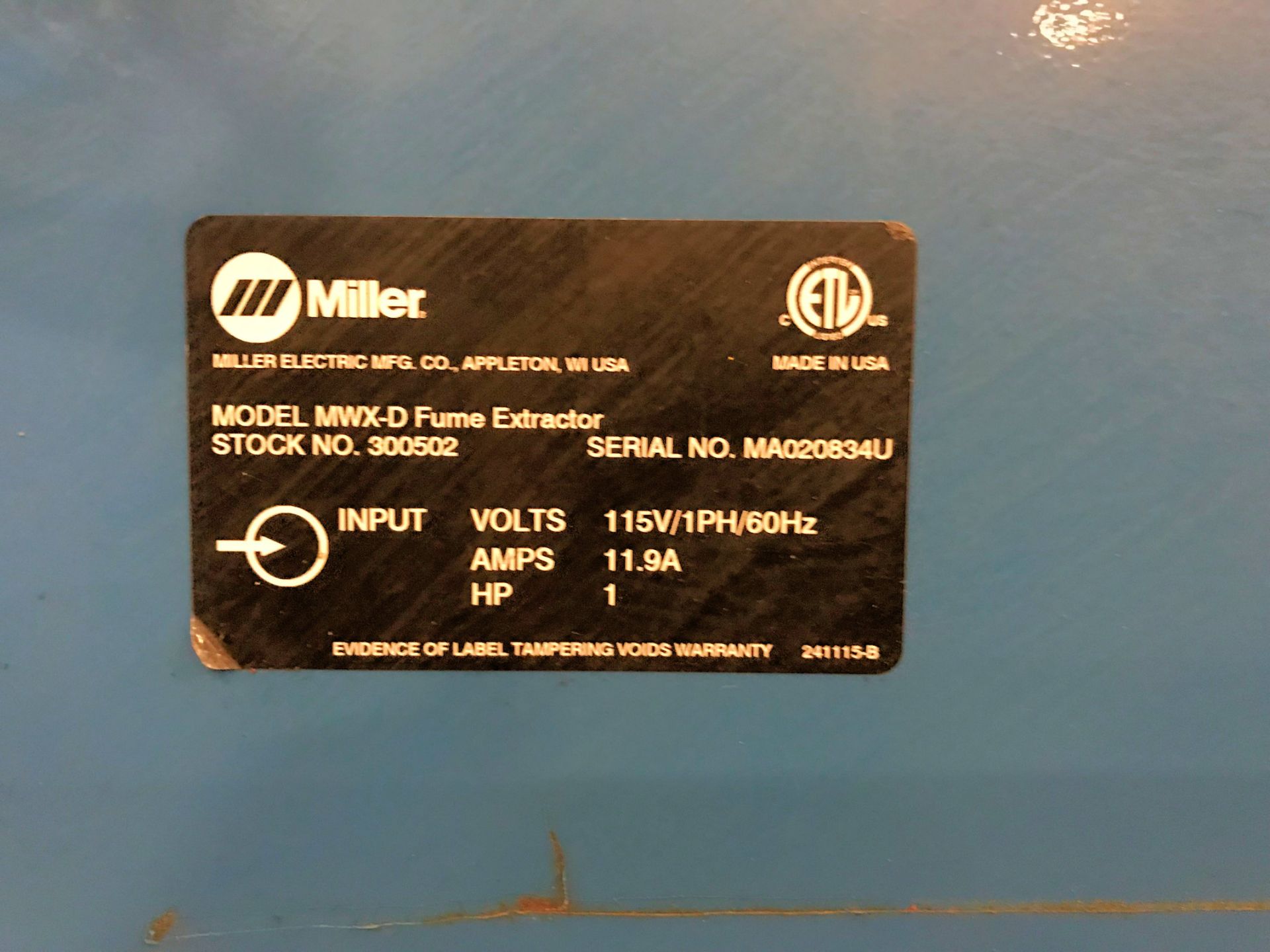MILLER FILTAIR MWX-D, PORTABLE FUME EXTRACTOR, S/N: MA020834U - Image 2 of 2