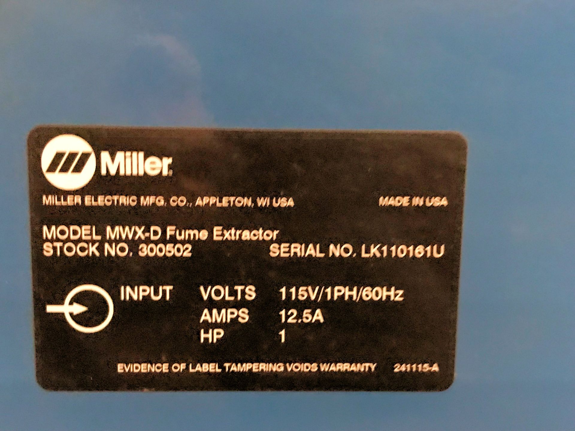 MILLER FILTAIR MWX-D, PORTABLE FUME EXTRACTOR, S/N: LK110161U - Image 2 of 2