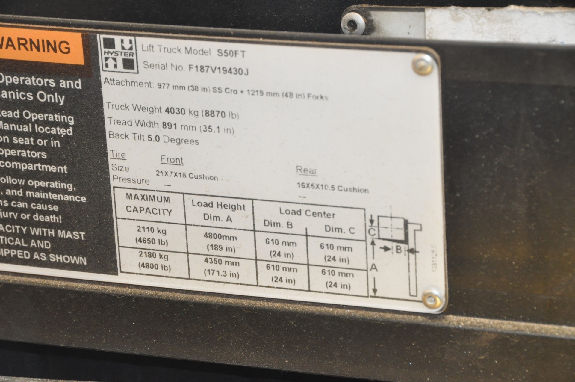 5,000 LBS. CAPACITY HYSTER S50ST PROPANE FORKLIFT TRUCK, WITH SIDE SHIFT, SOLID TIRES 189" LIFT, 3- - Image 3 of 3