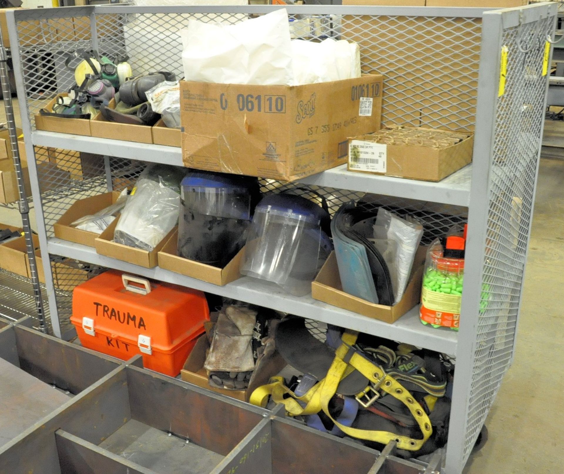 PERSONAL PROTECTION EQUIPMENT ON (3) SHELVES ON (1) CART