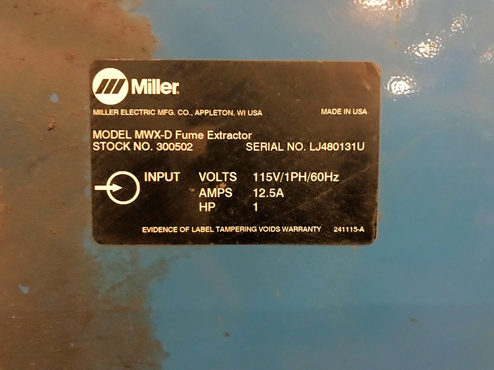MILLER FILTAIR MWX-D, PORTABLE FUME EXTRACTOR, S/N: LJ480131U - Image 2 of 2