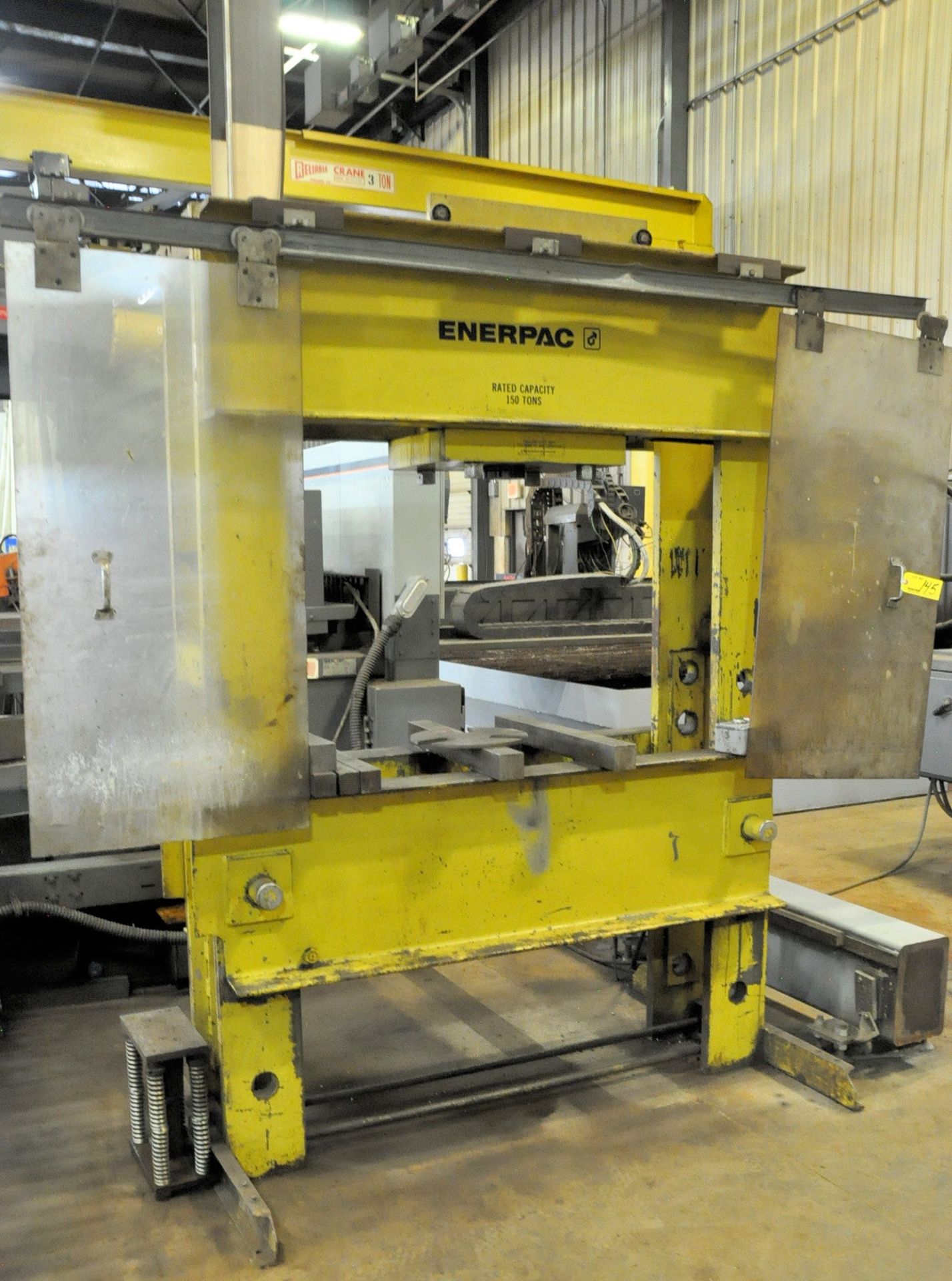 ENERPAC 150-TON CAPACITY H-FRAME HYDRAULIC PRESS, WITH SLIDING HEAD, 48" BETWEEN UPRIGHTS,